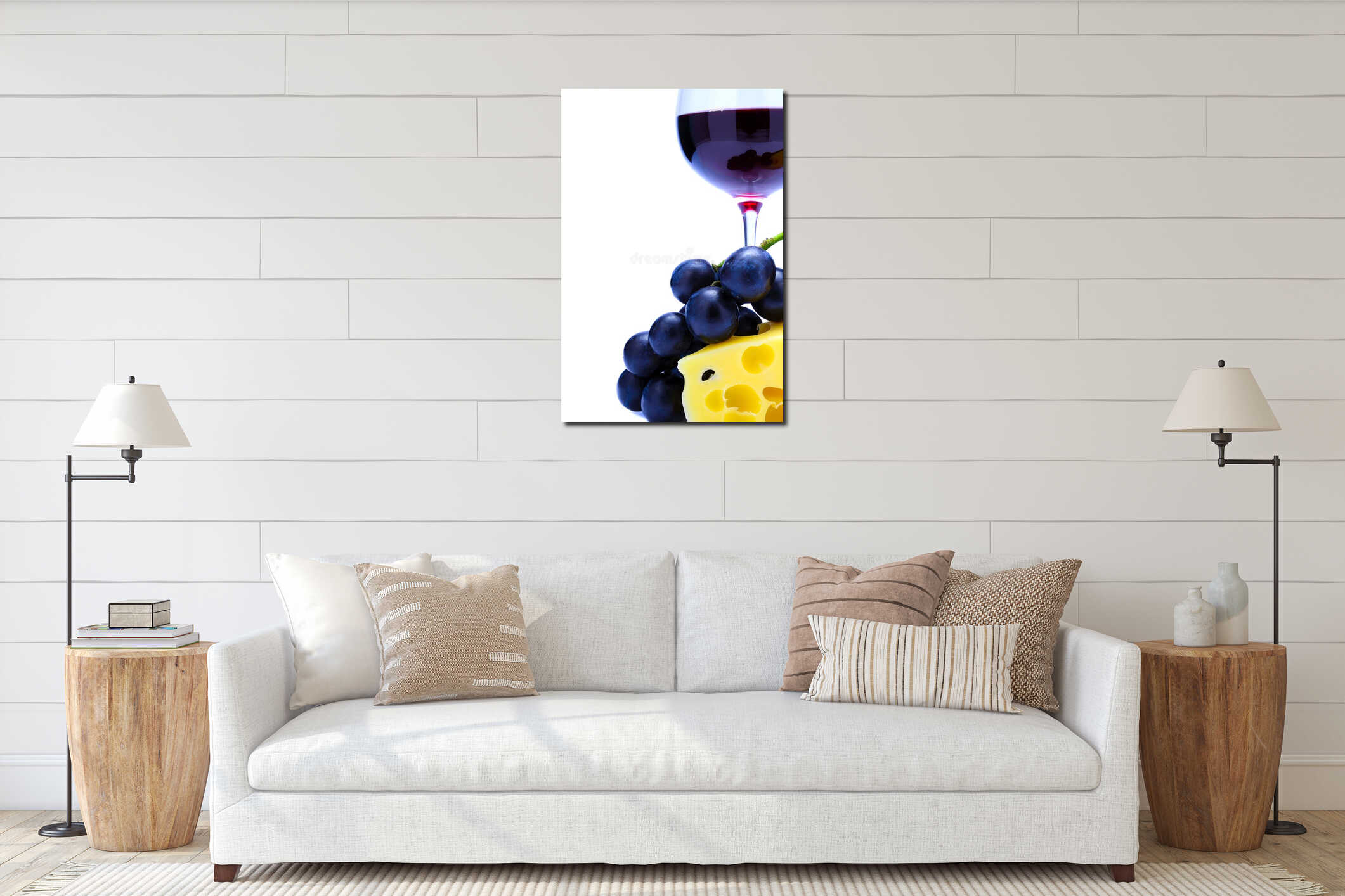 Red wine, cheese and grapes interior mockup