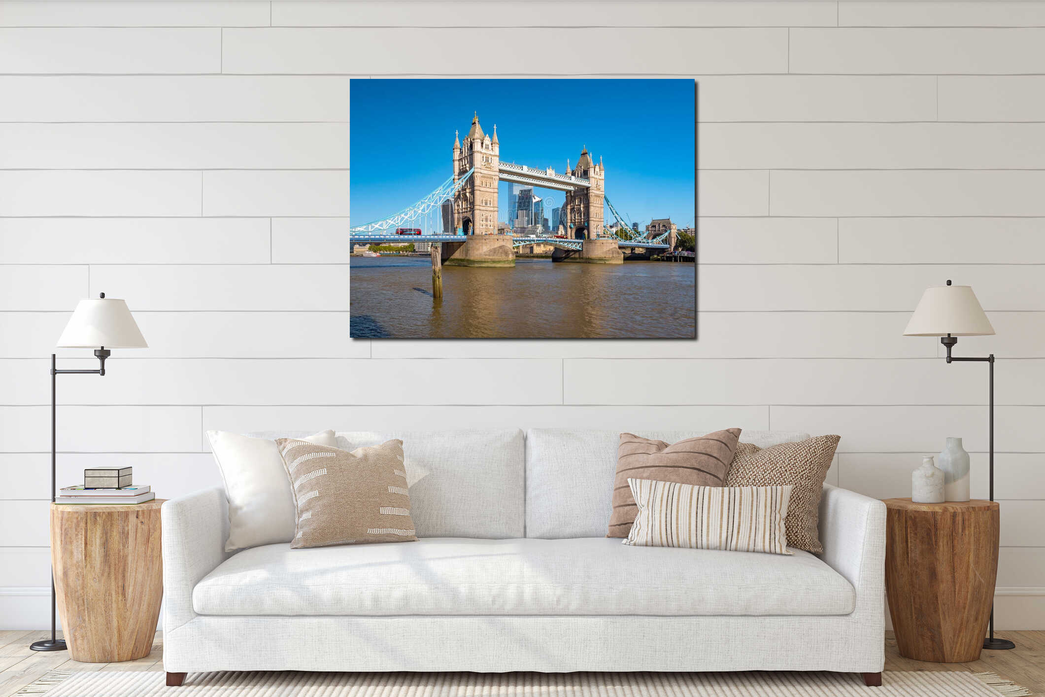 Panorama view of the Tower bridge over Thames river on a sunny day with the City Financial district skyscrapers interior mockup