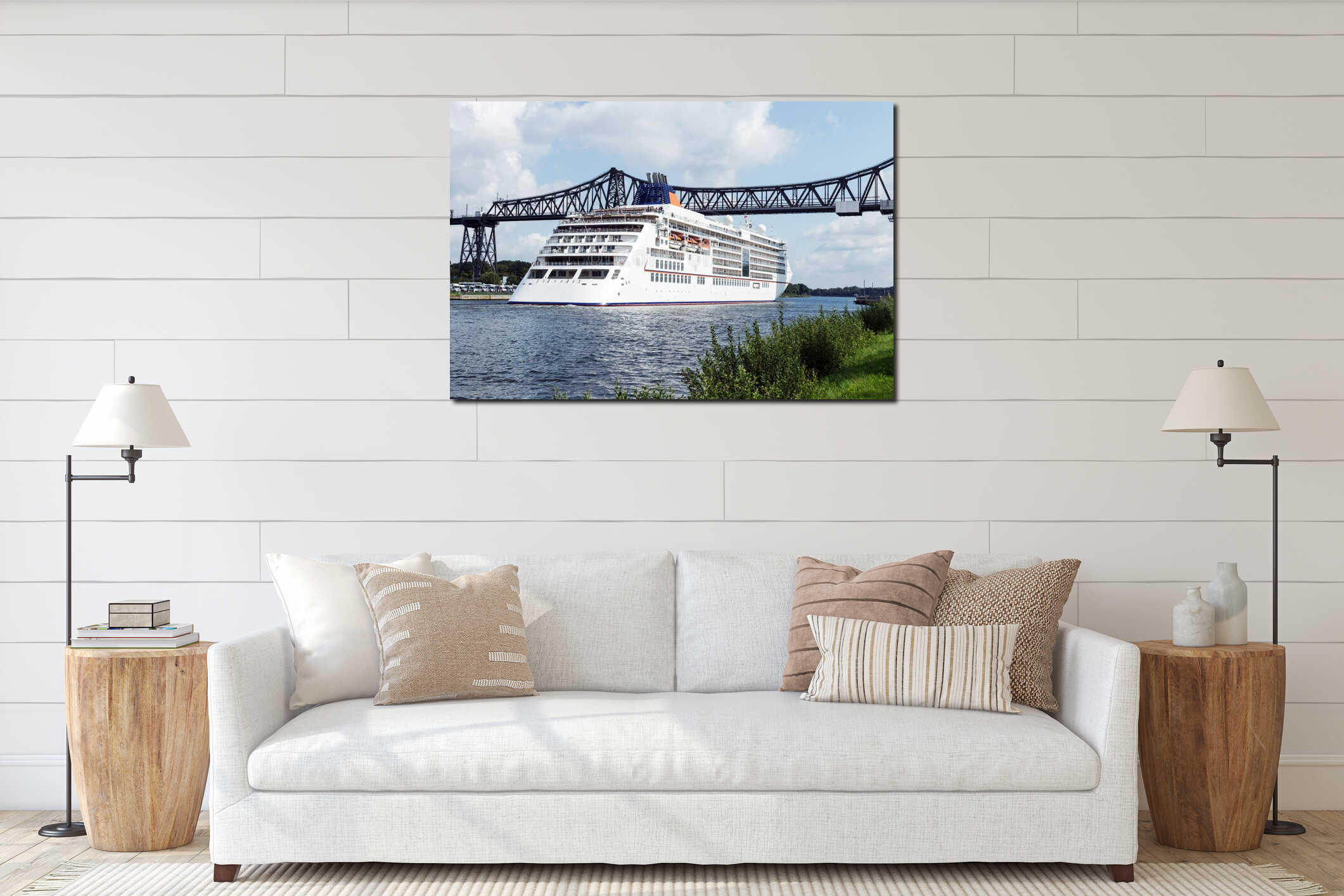 Kiel-Canal with the historical railway bridge and cruise ship interior mockup