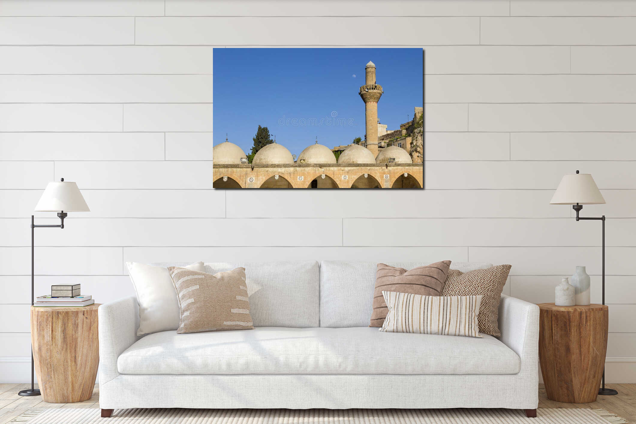 Domes and minaret in the courtyard of the Mevlidi Halil Mosque interior mockup