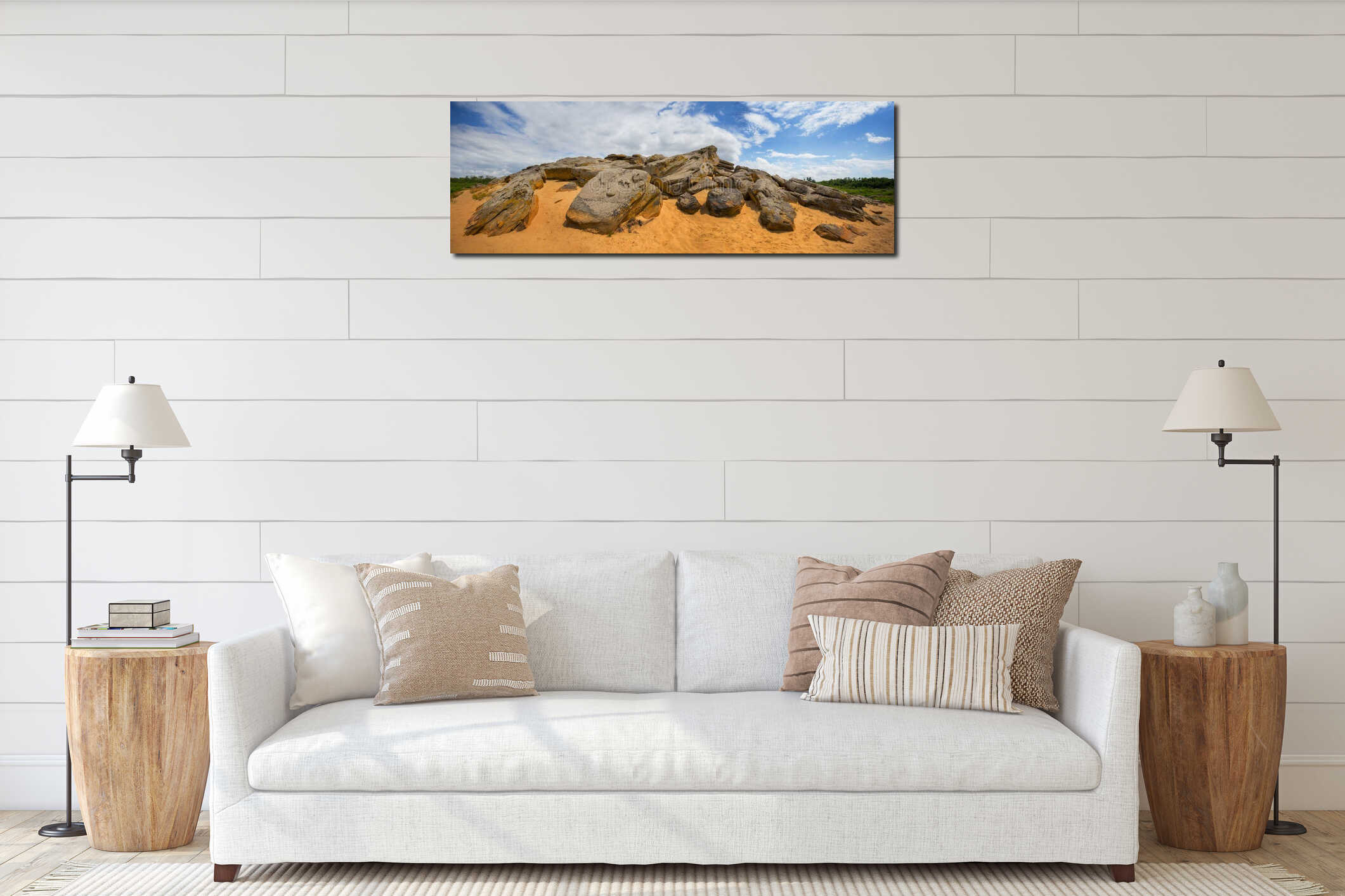 Huge heap of stones among a sandy desert at the hot summer day interior mockup