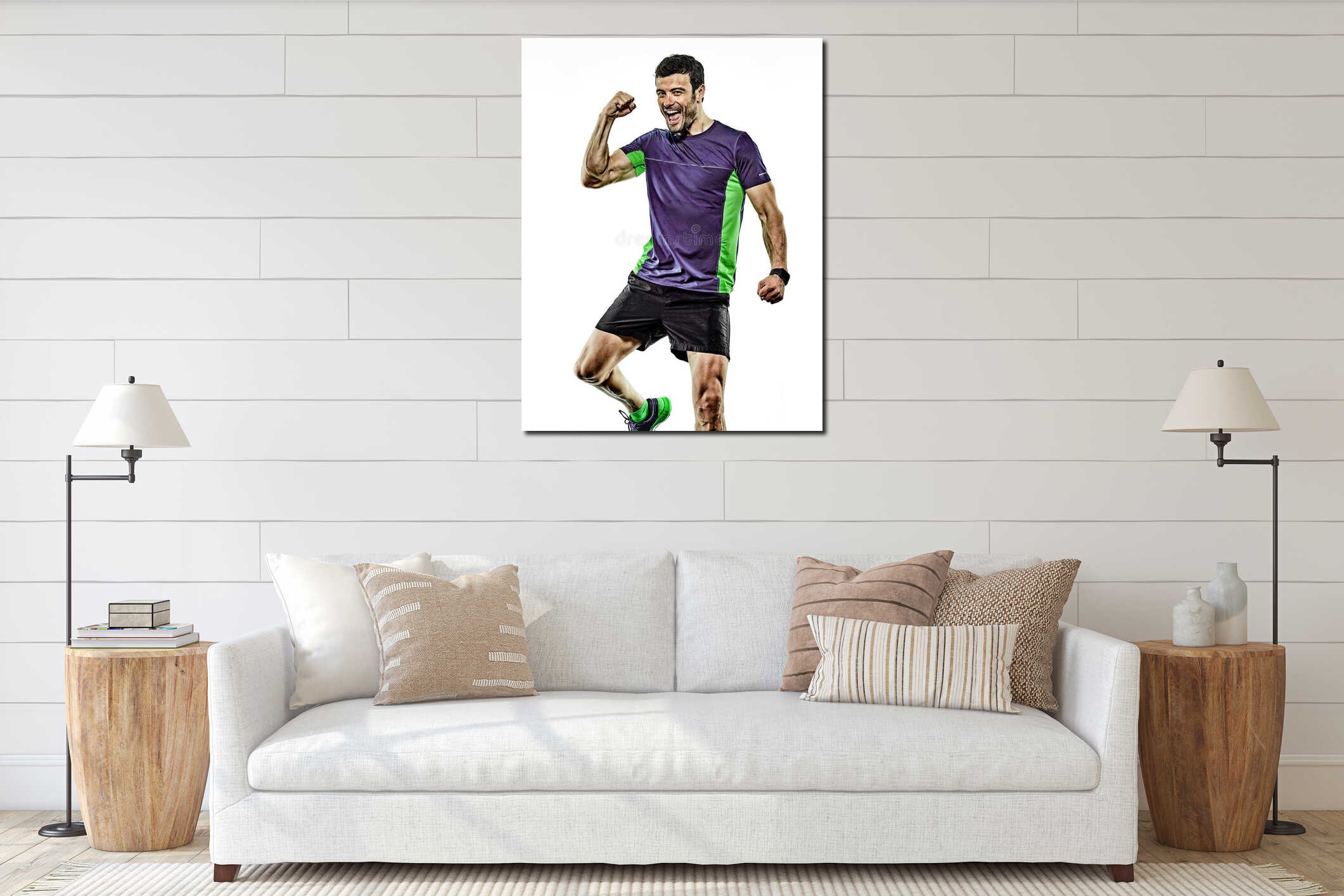 Mature man running runner jogging jogger isolated white background interior mockup