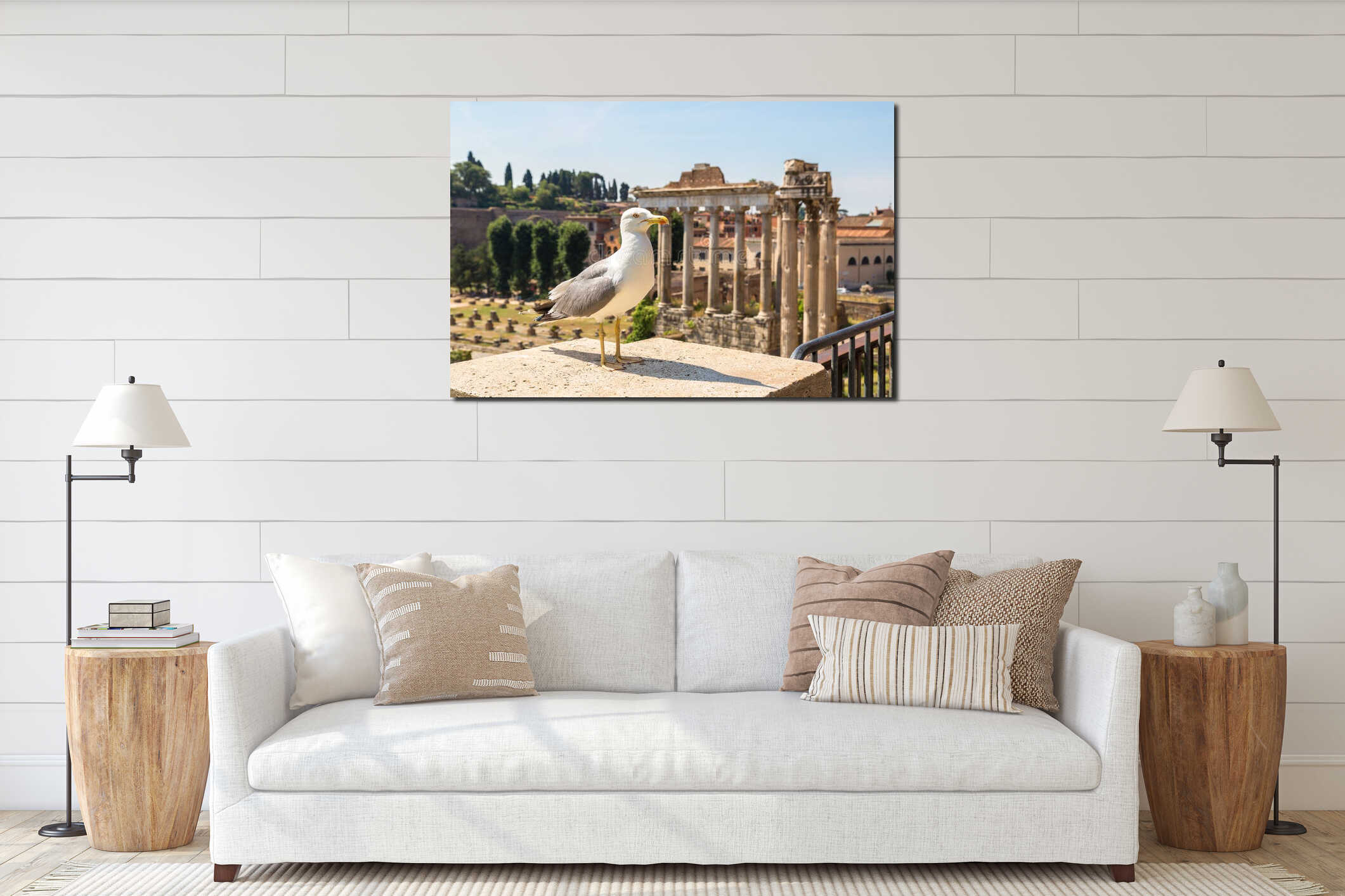 Seagull and ruins of Forum  in  Rome interior mockup