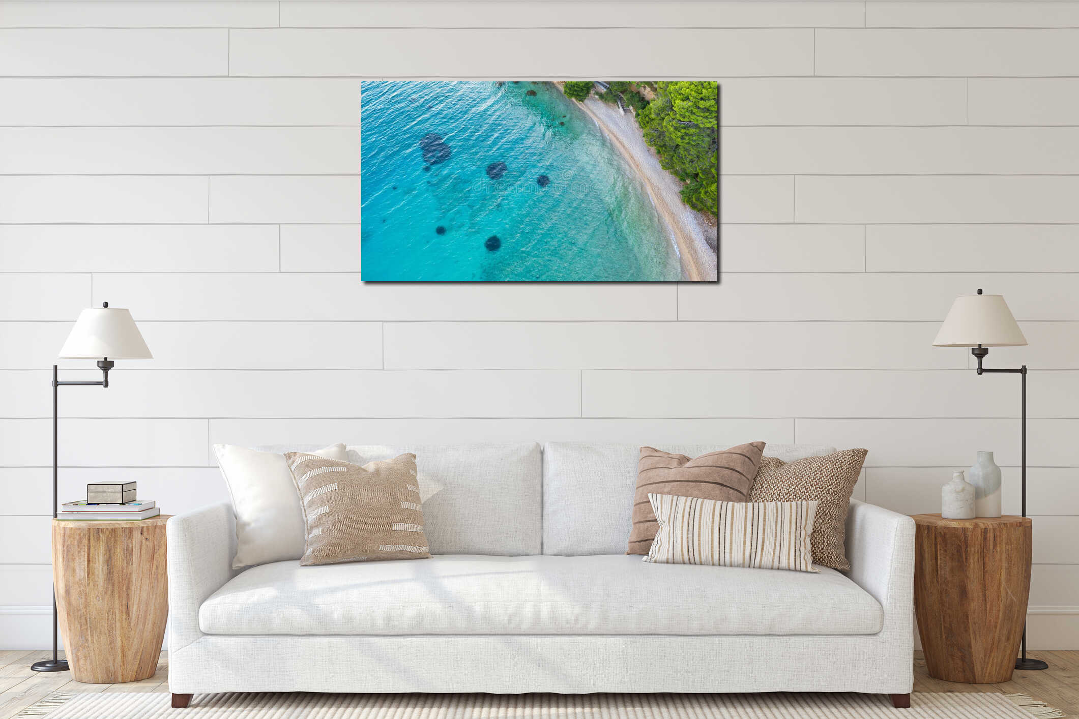 Aerial view on the beautiful sandy beach with green blue sea color.Copy space image. interior mockup
