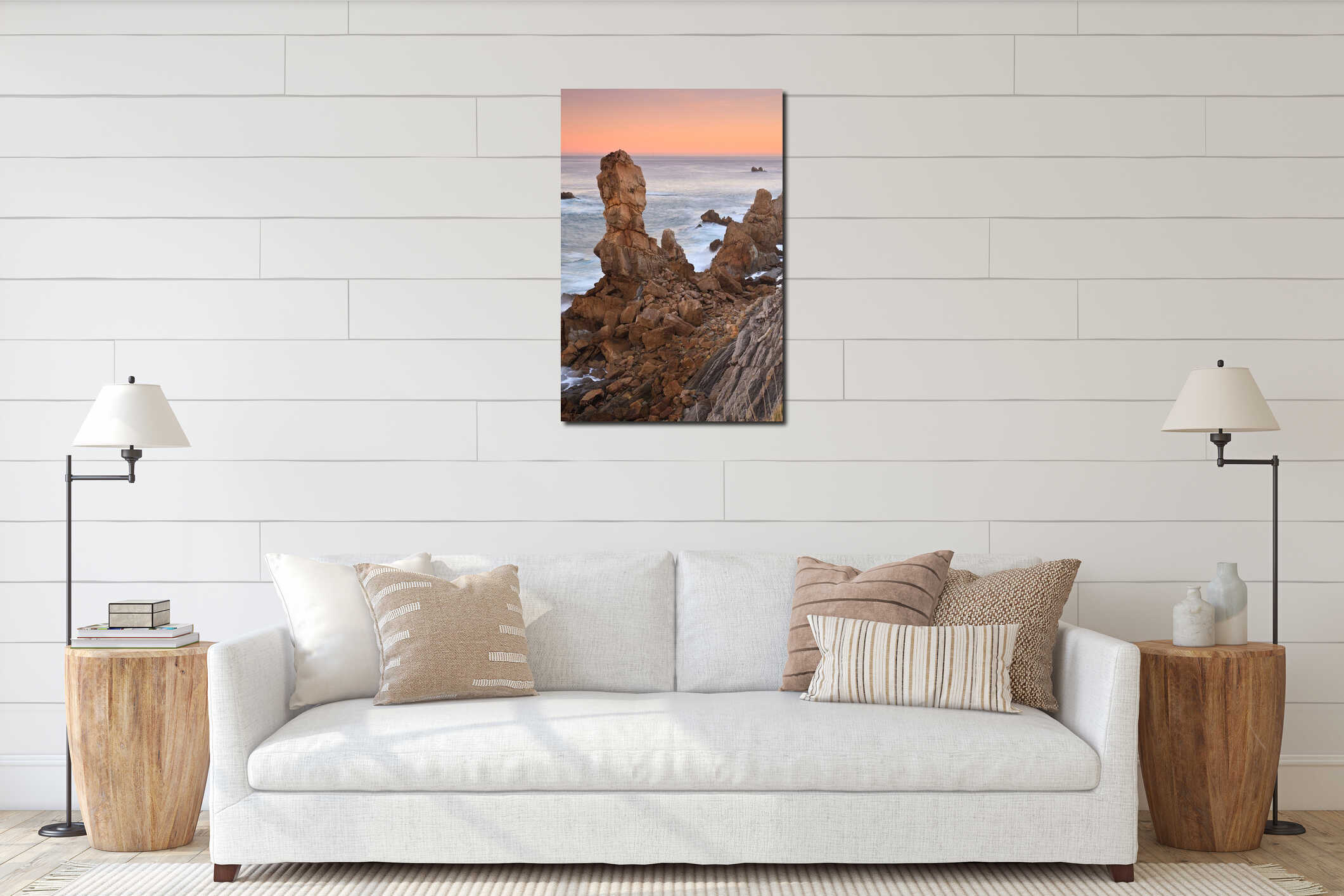 Amazing seascape sunrise interior mockup