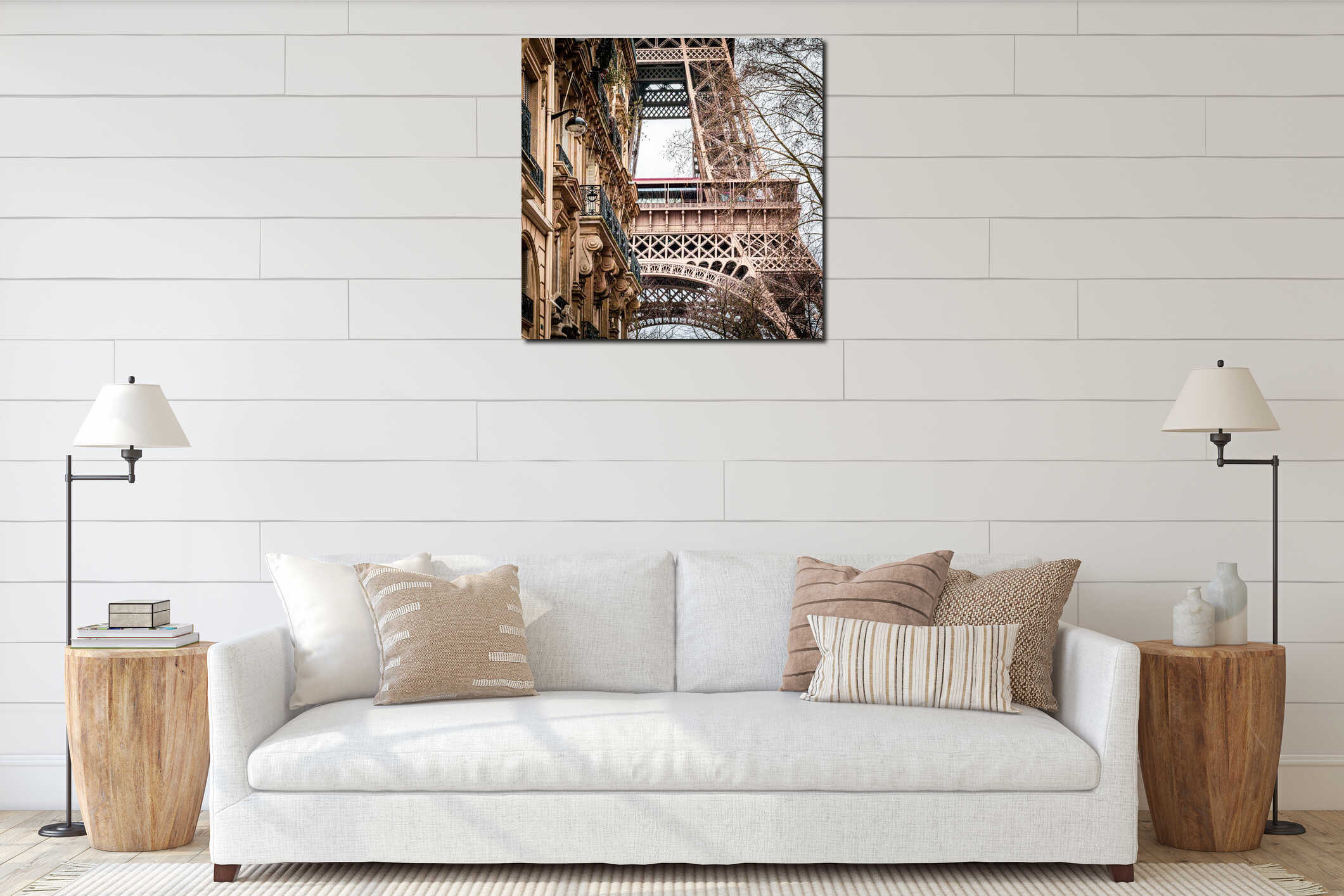 Low angle shot of the magnificent Eiffel Tower and historical buildings captured in Paris, France interior mockup