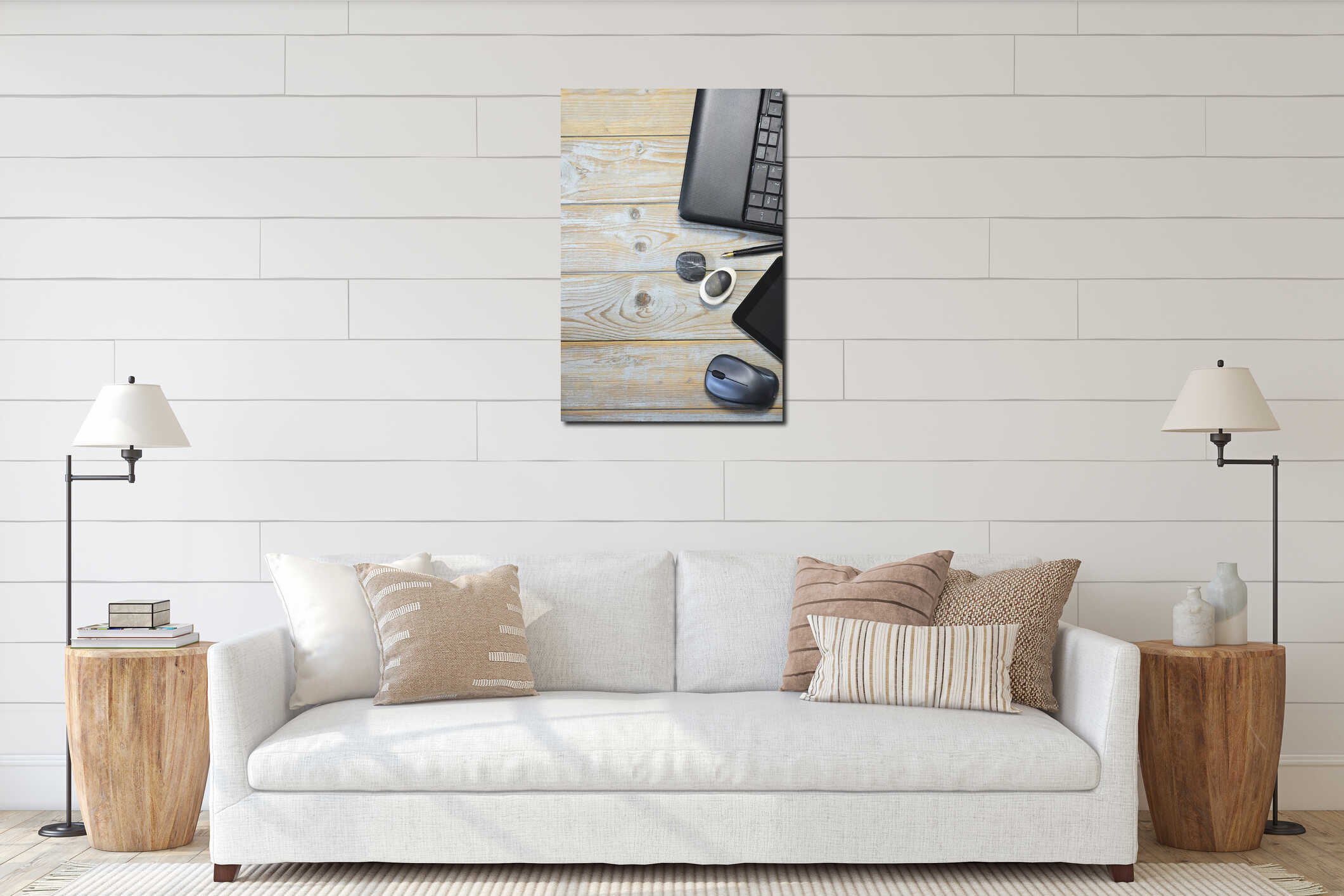 Laptop, digital tablet with a wireless mouse and pebble stones isolated on a wooden surface interior mockup