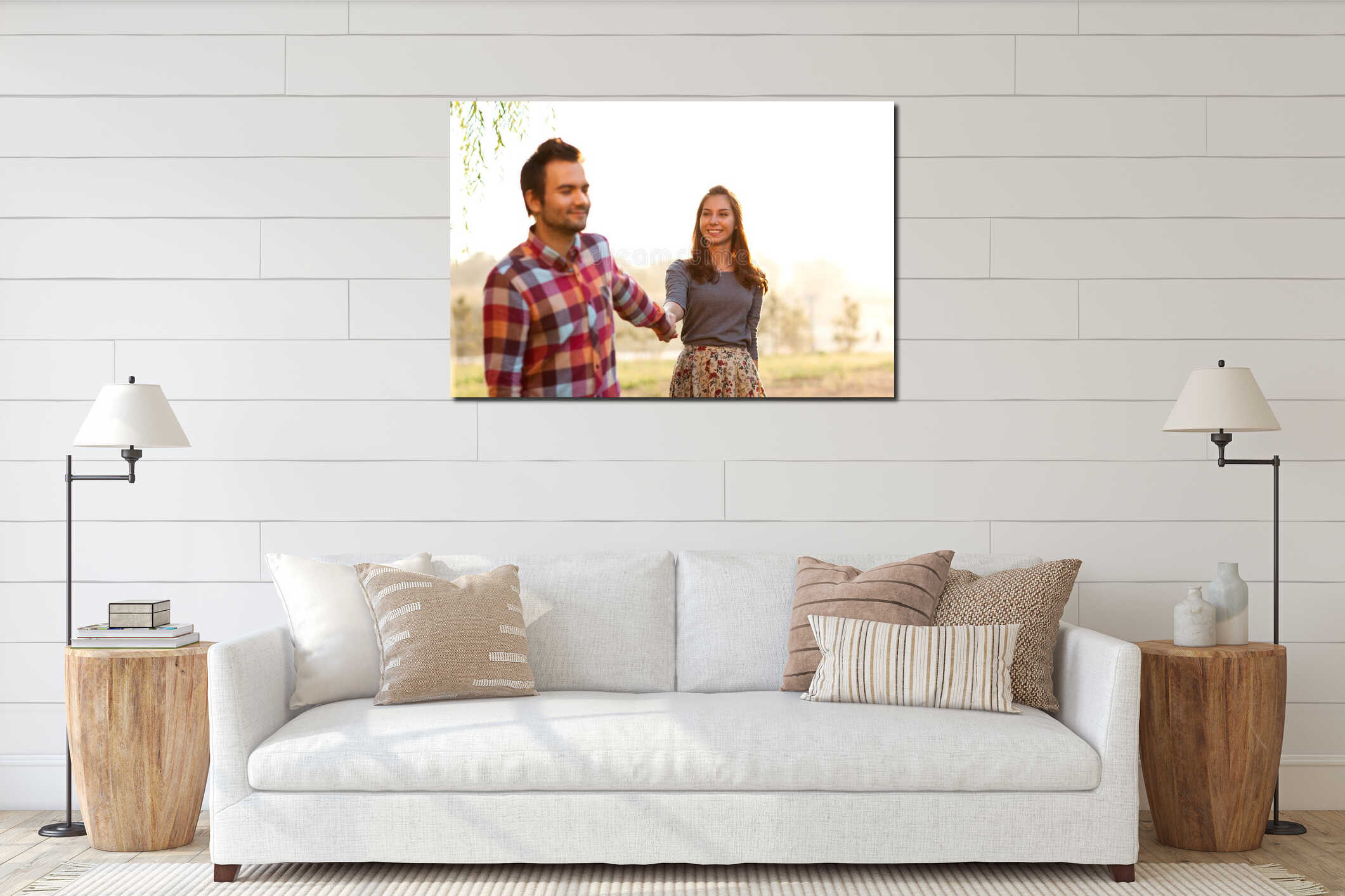 Couple in love walks at sunset in the sun interior mockup