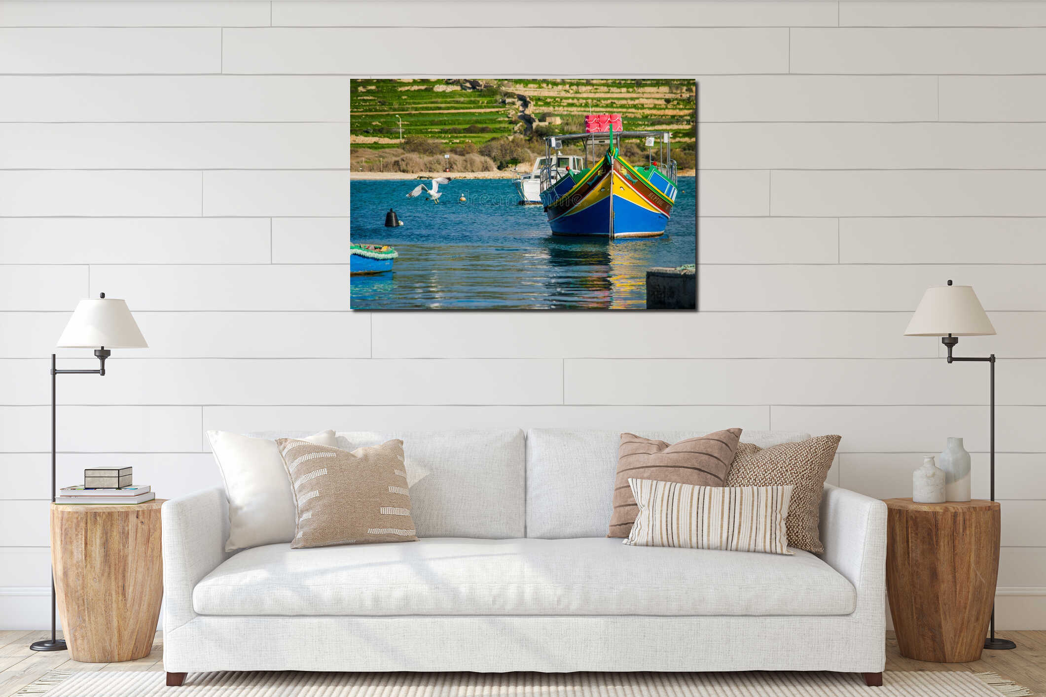 Seagull flying away from a Maltese fishing boat (luzzu) at Marsaxlokk fishing village in Malta interior mockup