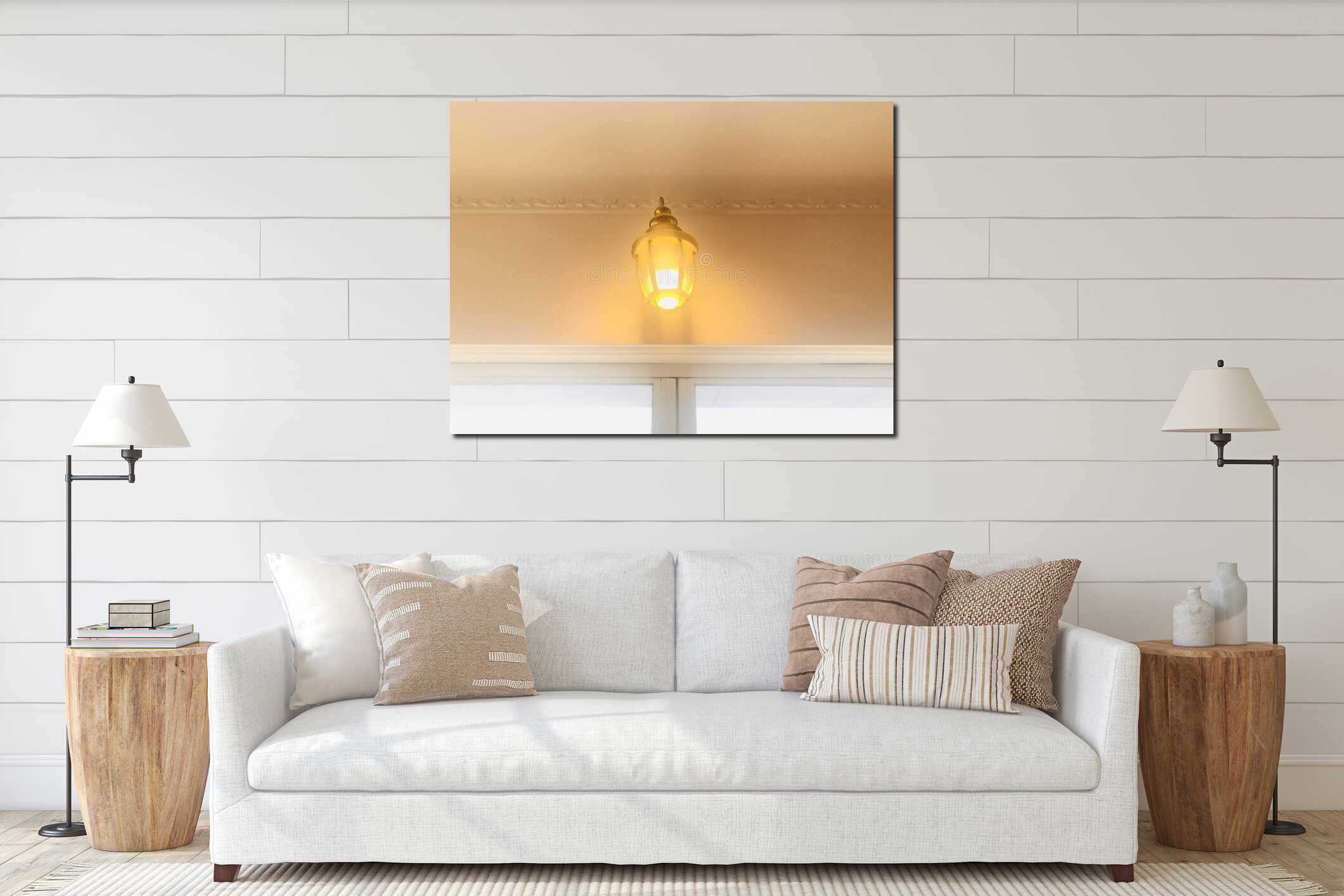 Lantern sconce. Wall lamp above floor-to-ceiling glass door. interior mockup
