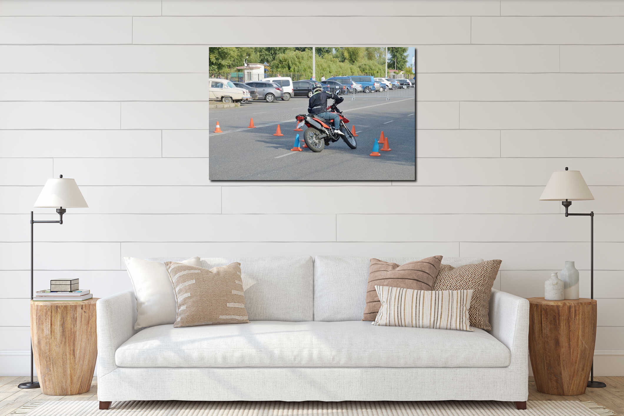 A man motorcycle rides arched corridor obstacles. interior mockup