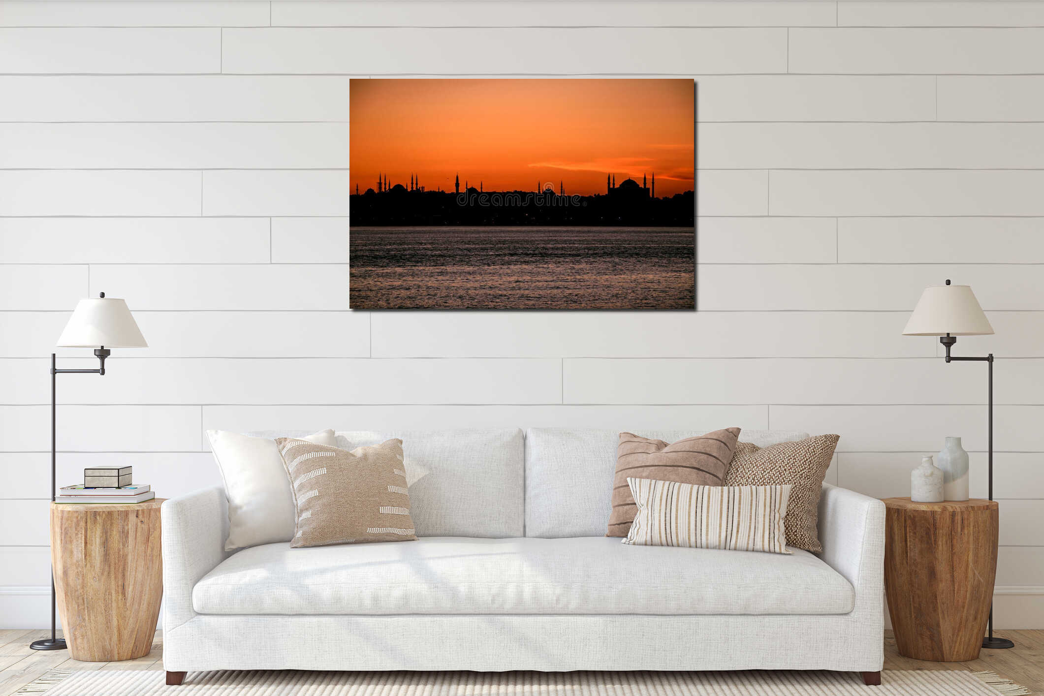 Absolute silhouette of the istanbul city with biggest mosques, red sky, sunset. interior mockup