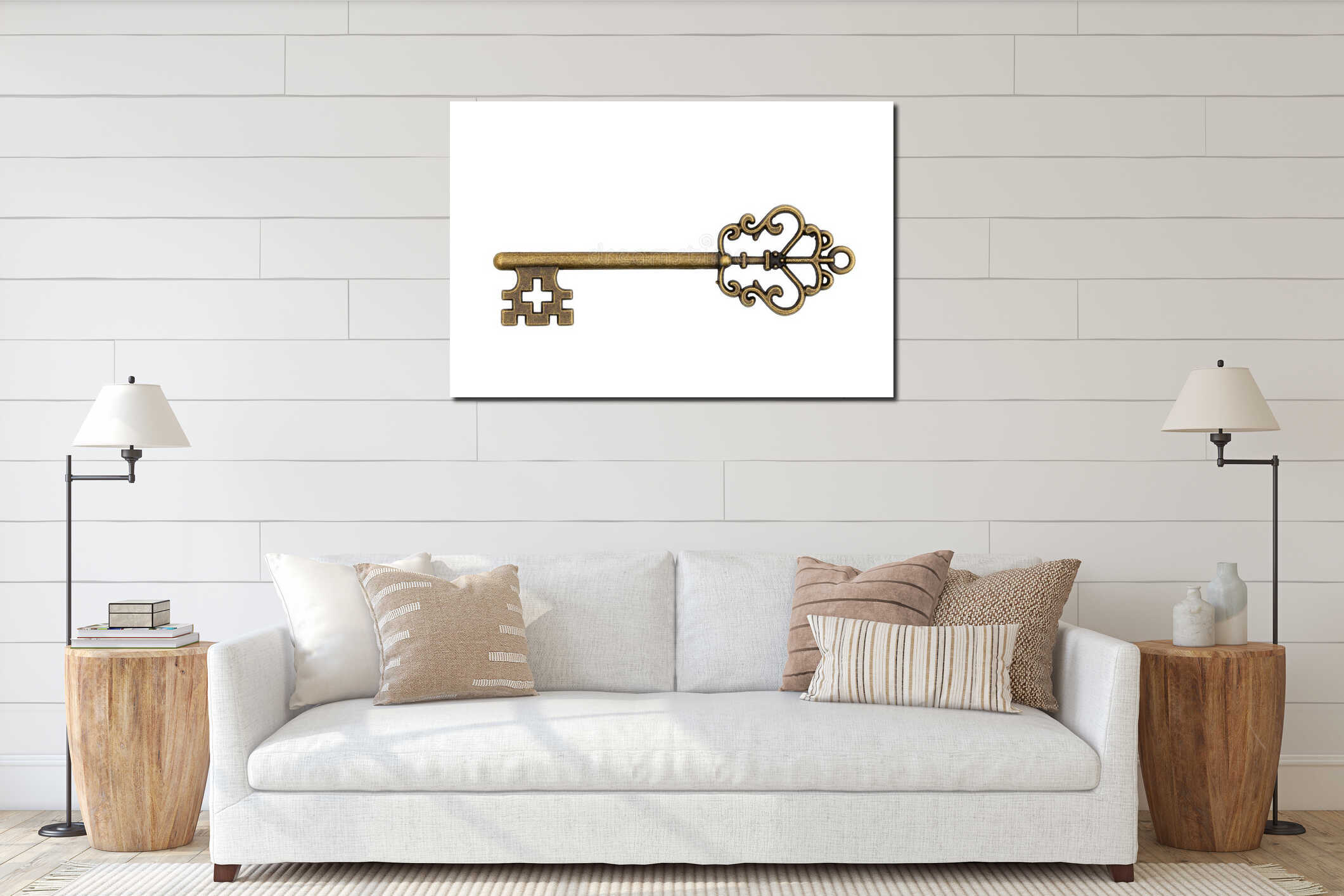 Vintage retro bronze skeleton key interior mockup