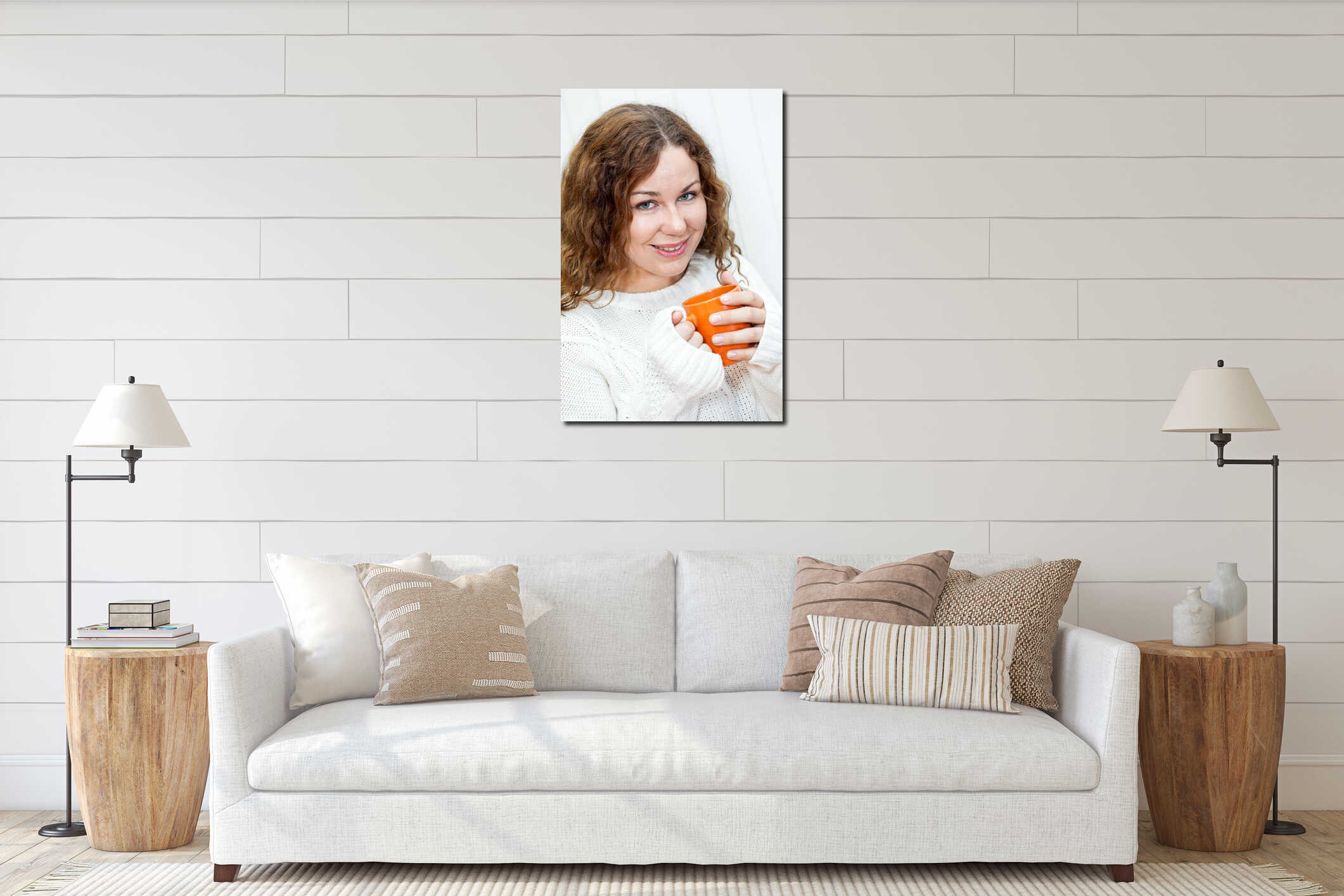 Girl in knitted sweater enjoying a cup of hot tea in hands, portrait of curly woman on white interior mockup