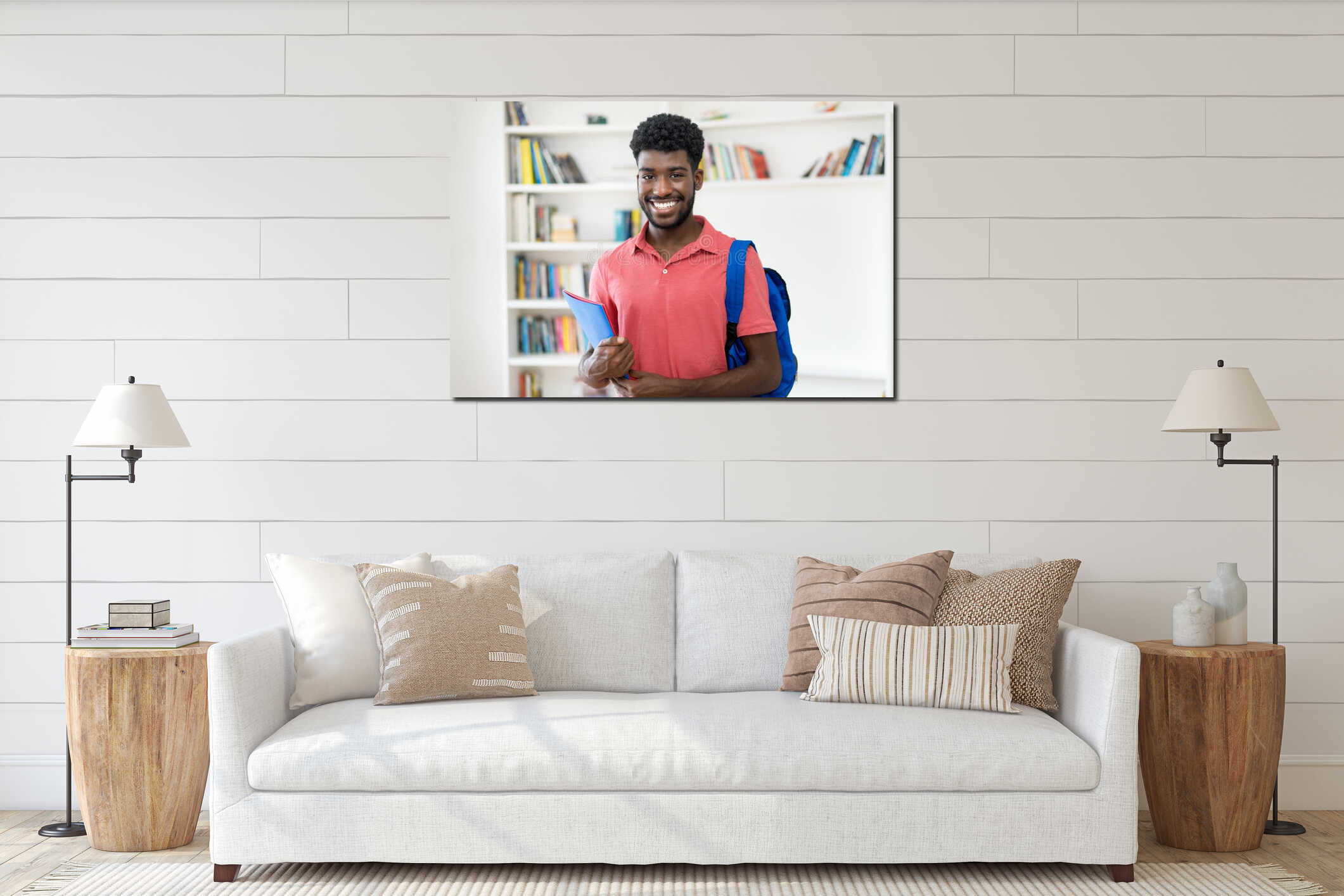 Portrait of afro american male student with backpack interior mockup