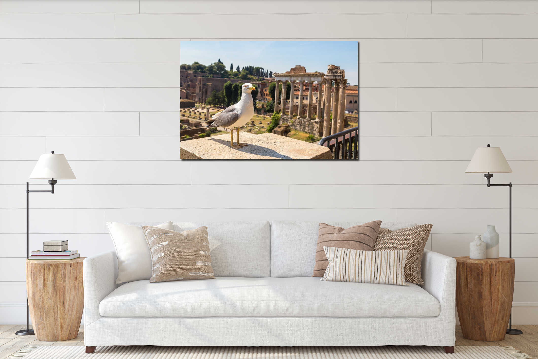 Seagull and ruins of Forum  in  Rome interior mockup