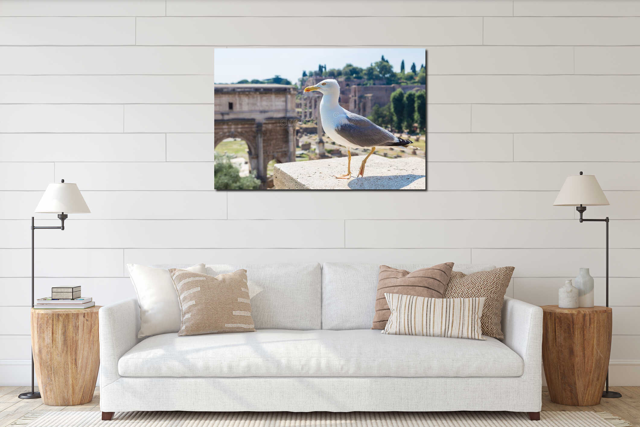 Seagull and ruins of Forum  in  Rome interior mockup