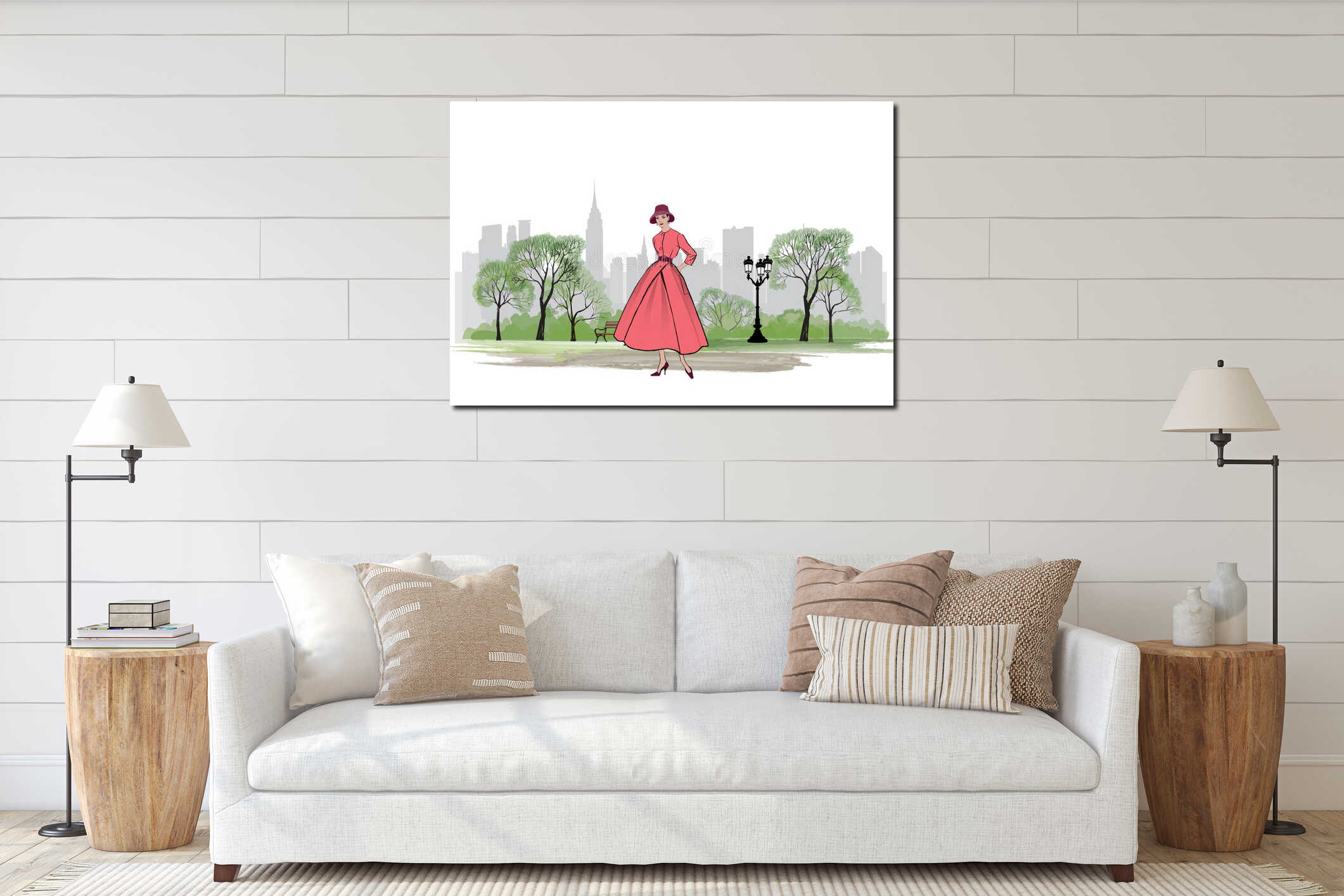 Retro fashion dressed woman 1950s 1960s style in city park landscape. Stylish young lady in vintage clothes in spring city interior mockup