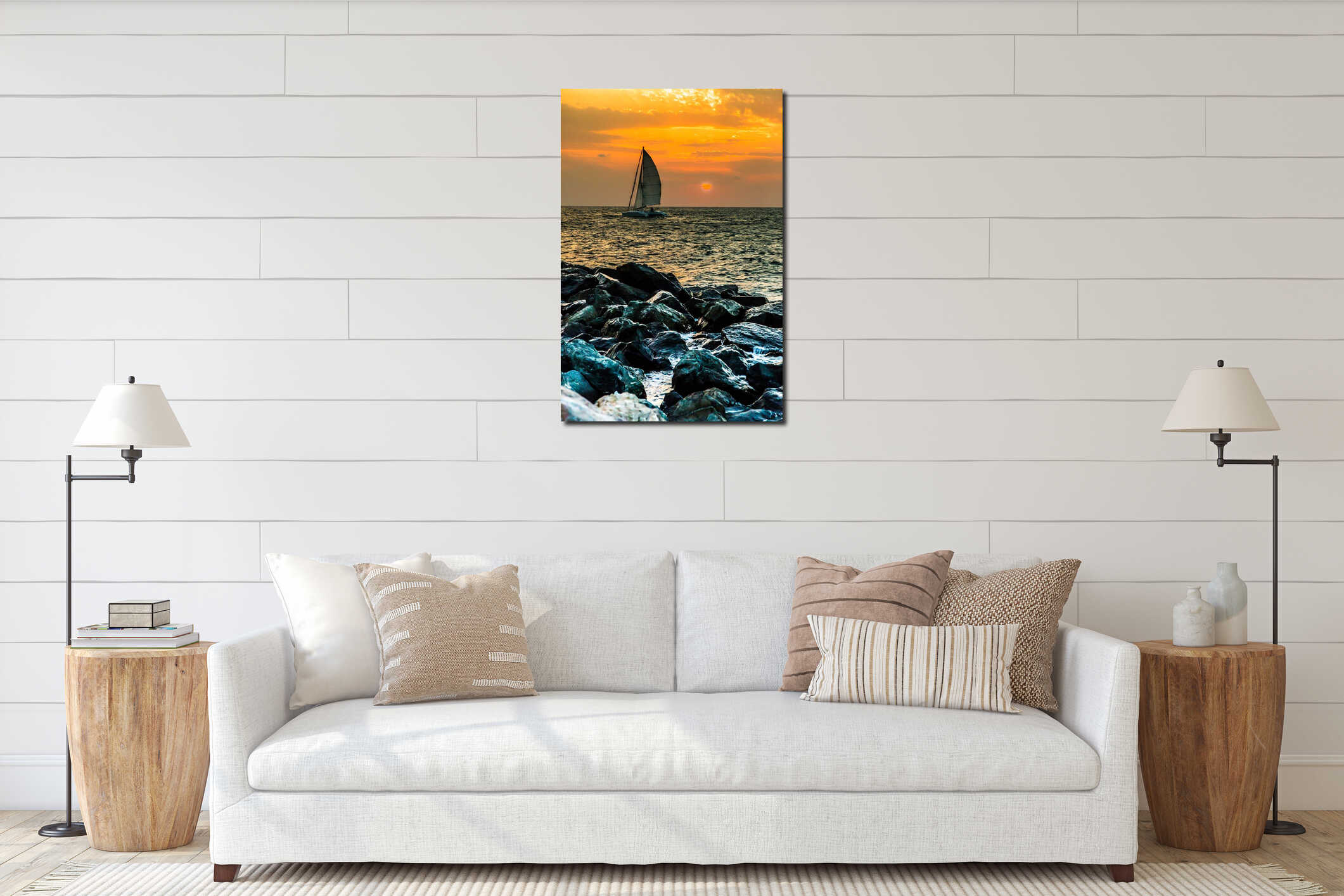 Yacht sailing against sunset. Holiday lifestyle landscape with skyline sailboat and sunset silhouette interior mockup