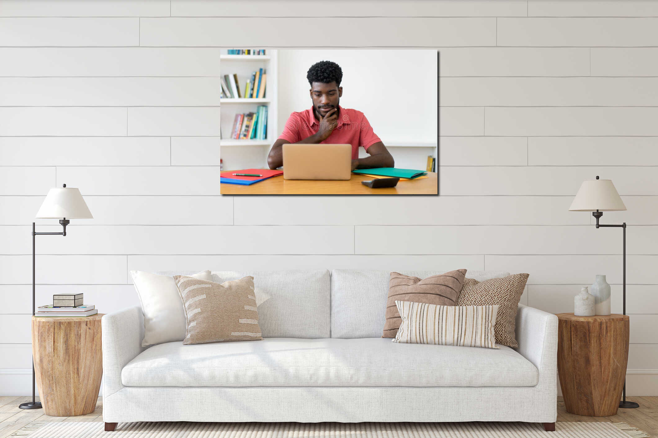 Video call of afro american male student at computer interior mockup