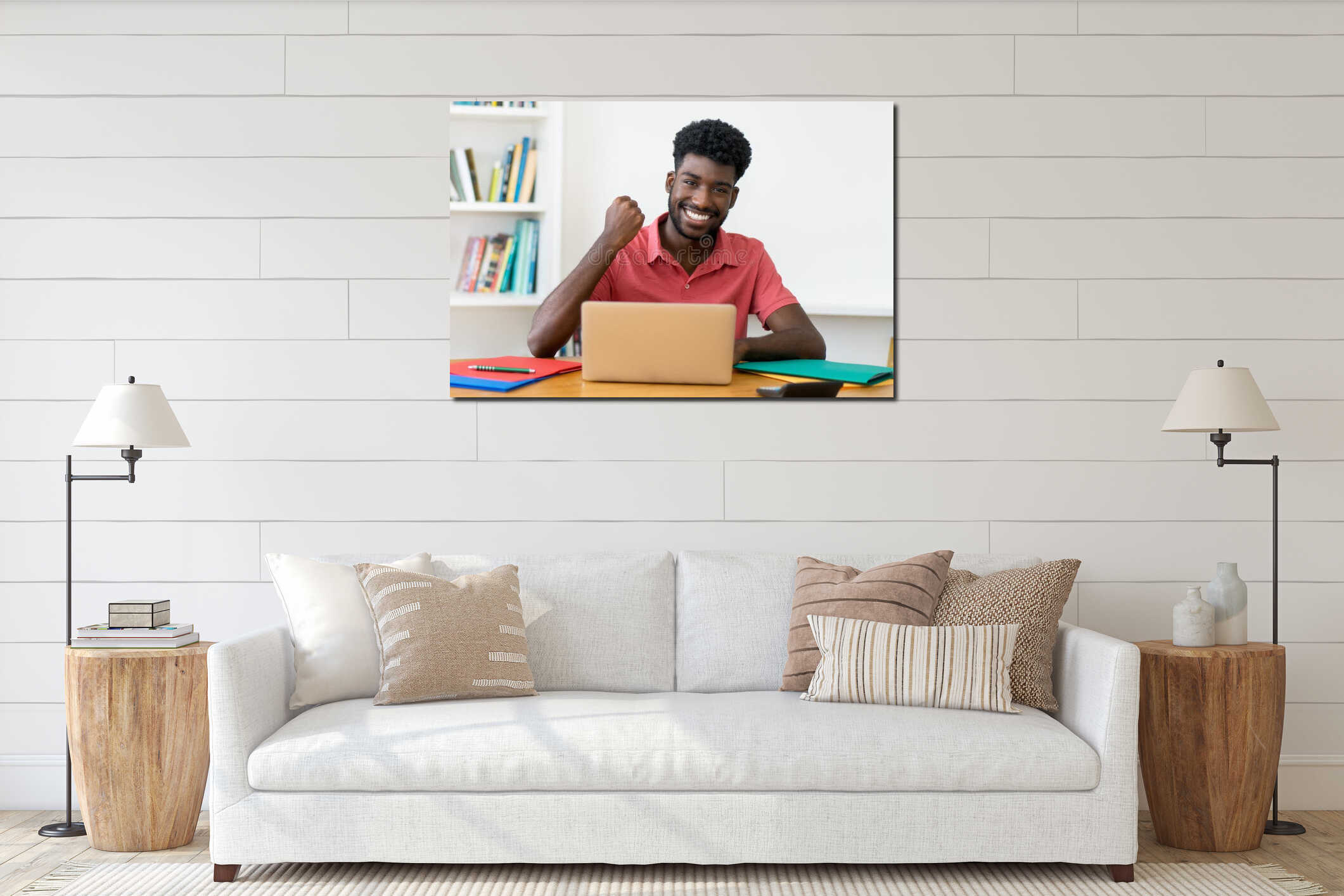 Successful afro american male student learning at computer interior mockup