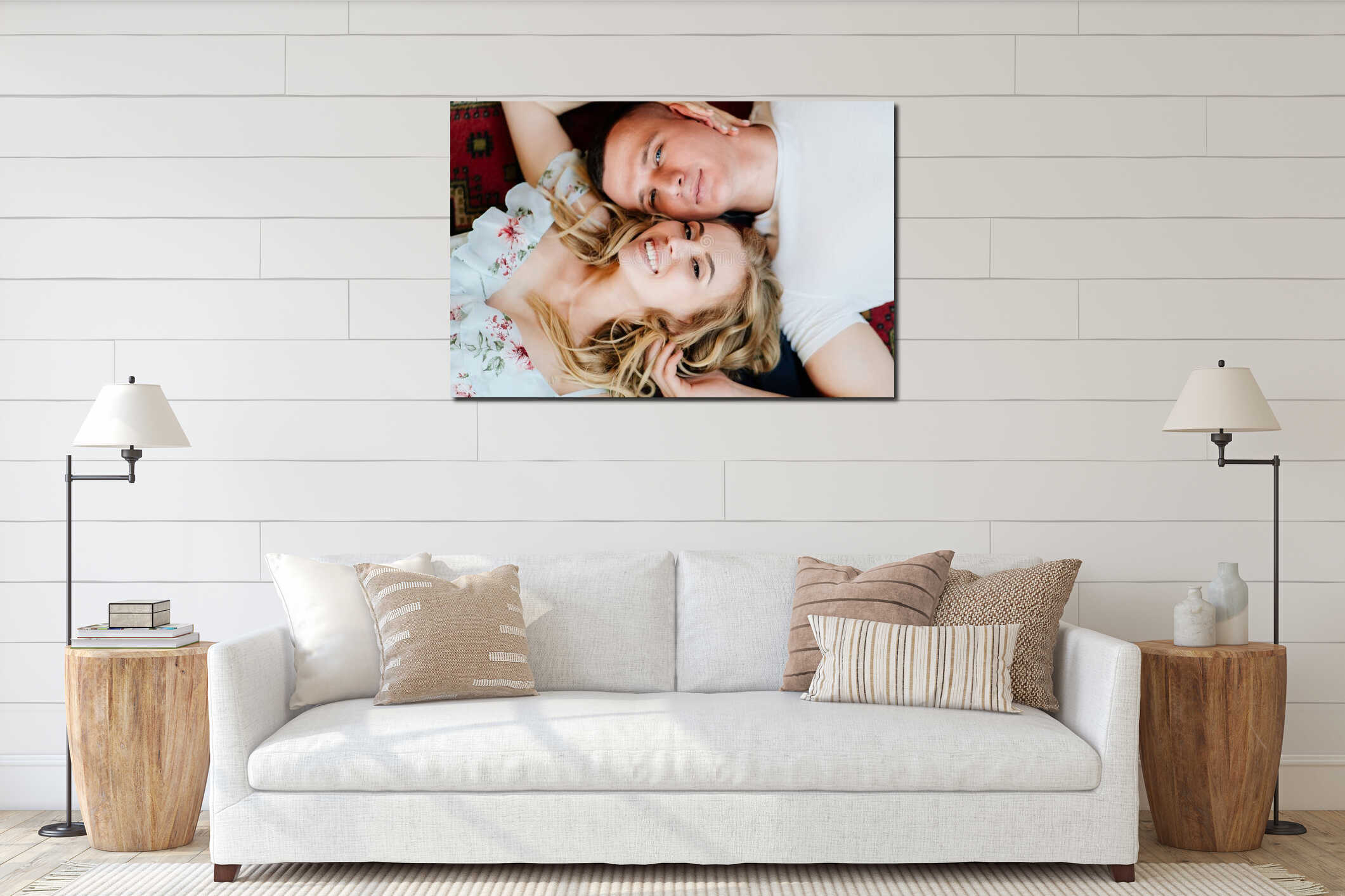 Close up. view top. happy couple of young lovers lying on floor and relax interior mockup