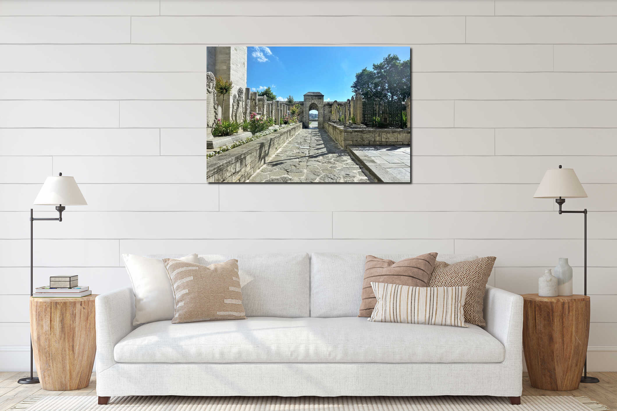 The inner courtyard of the Suleymaniye Mosque. Sunny summer day. interior mockup