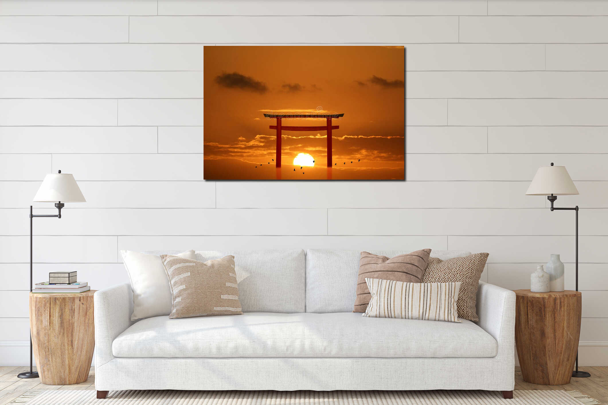 torii sunset orange cloud on sky and birds flying on sea interior mockup