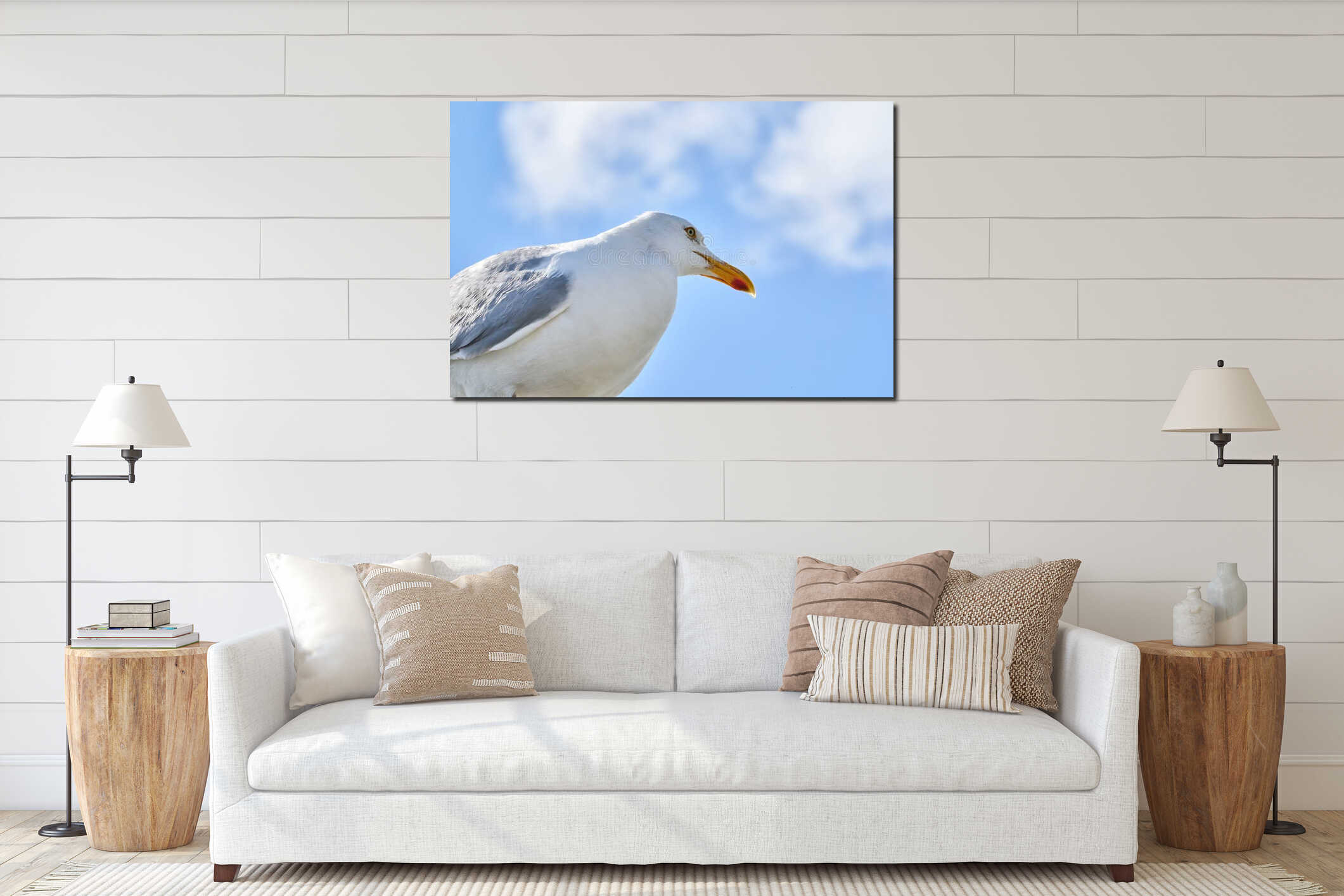A head of a seagull sits against the blue sky in the sun interior mockup
