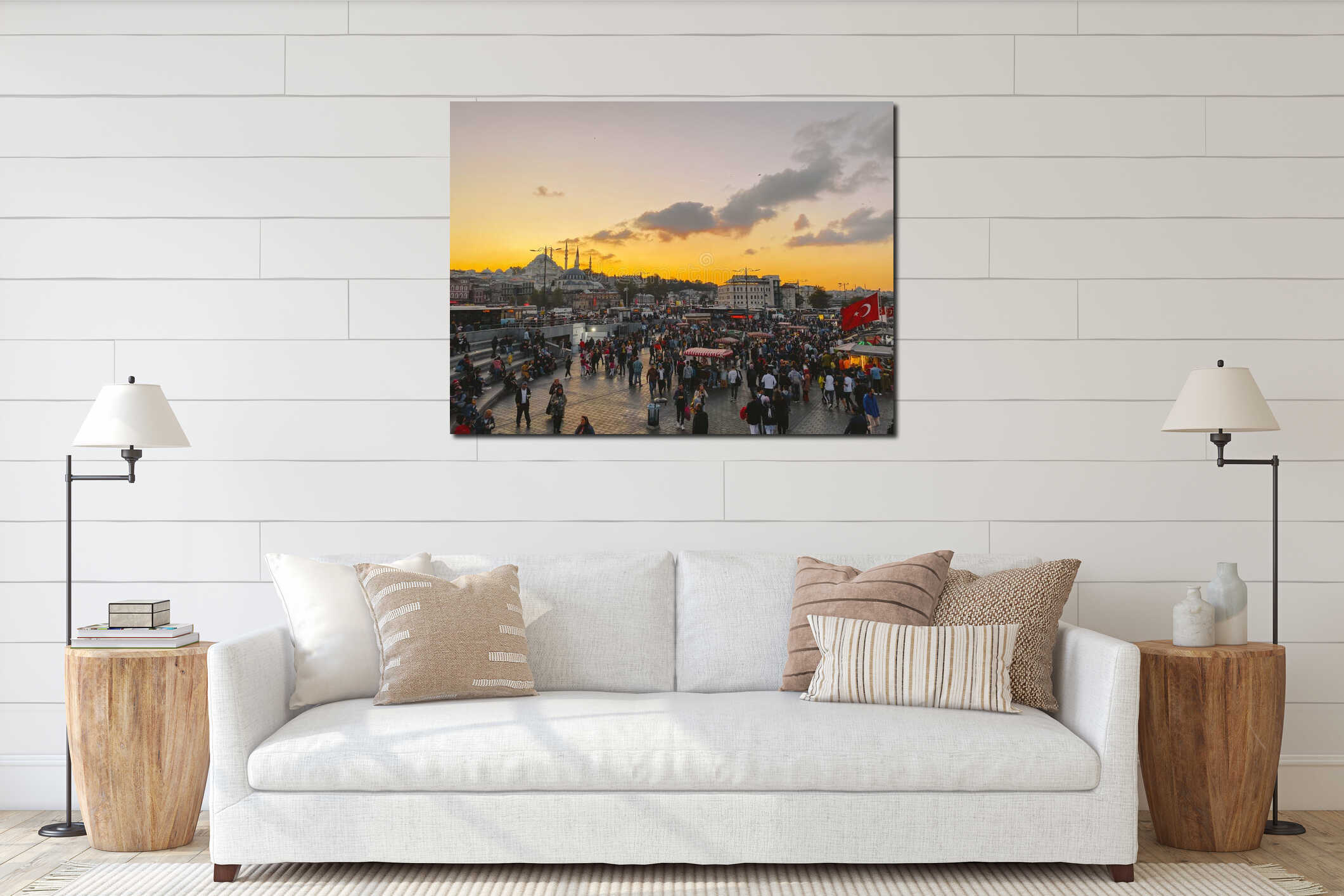 October 27, 2019. Eminonu square by sunset, Istanbul, in Turkey. People rest and socialize in a square near Galata Bridge, interior mockup