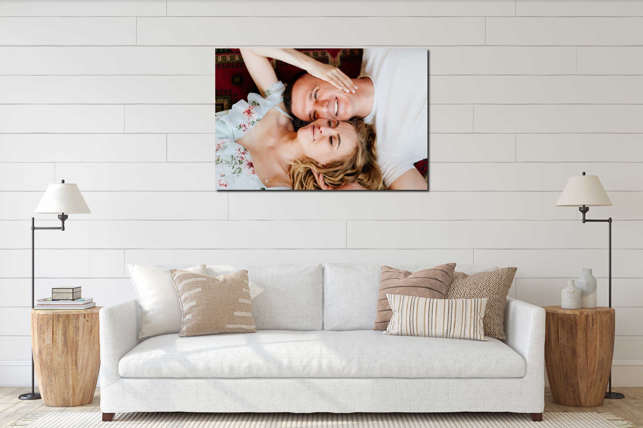 Close up. view top. happy couple of young lovers lying on floor and relax interior mockup