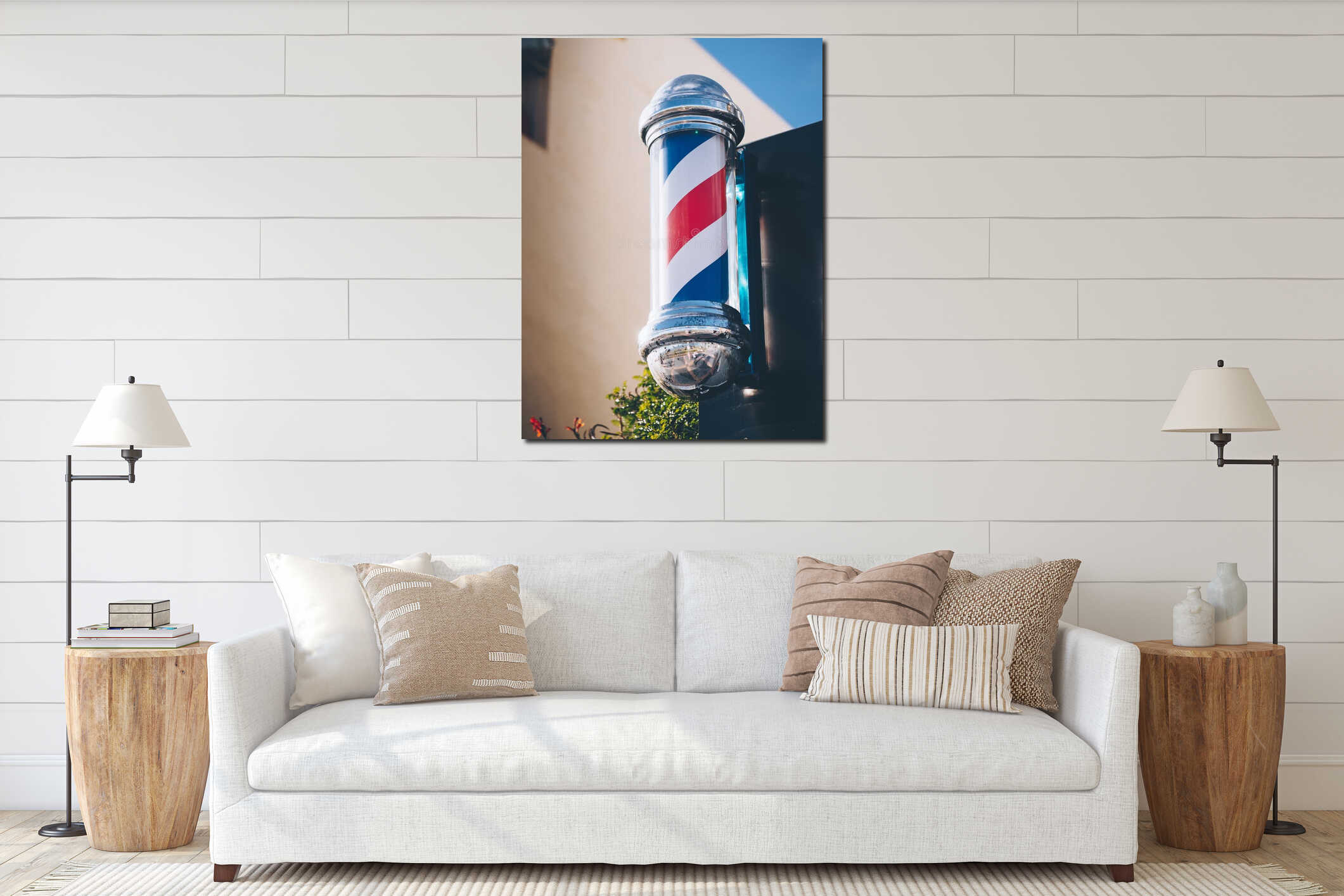 Vertical shot of a retro multicolored barber's pole interior mockup