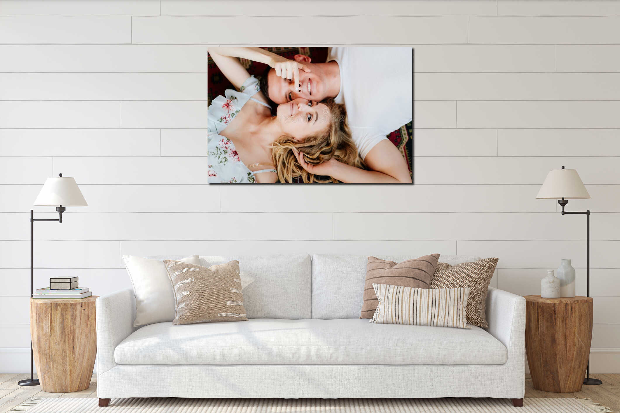 Close up. view top. happy couple of young lovers lying on floor and relax interior mockup