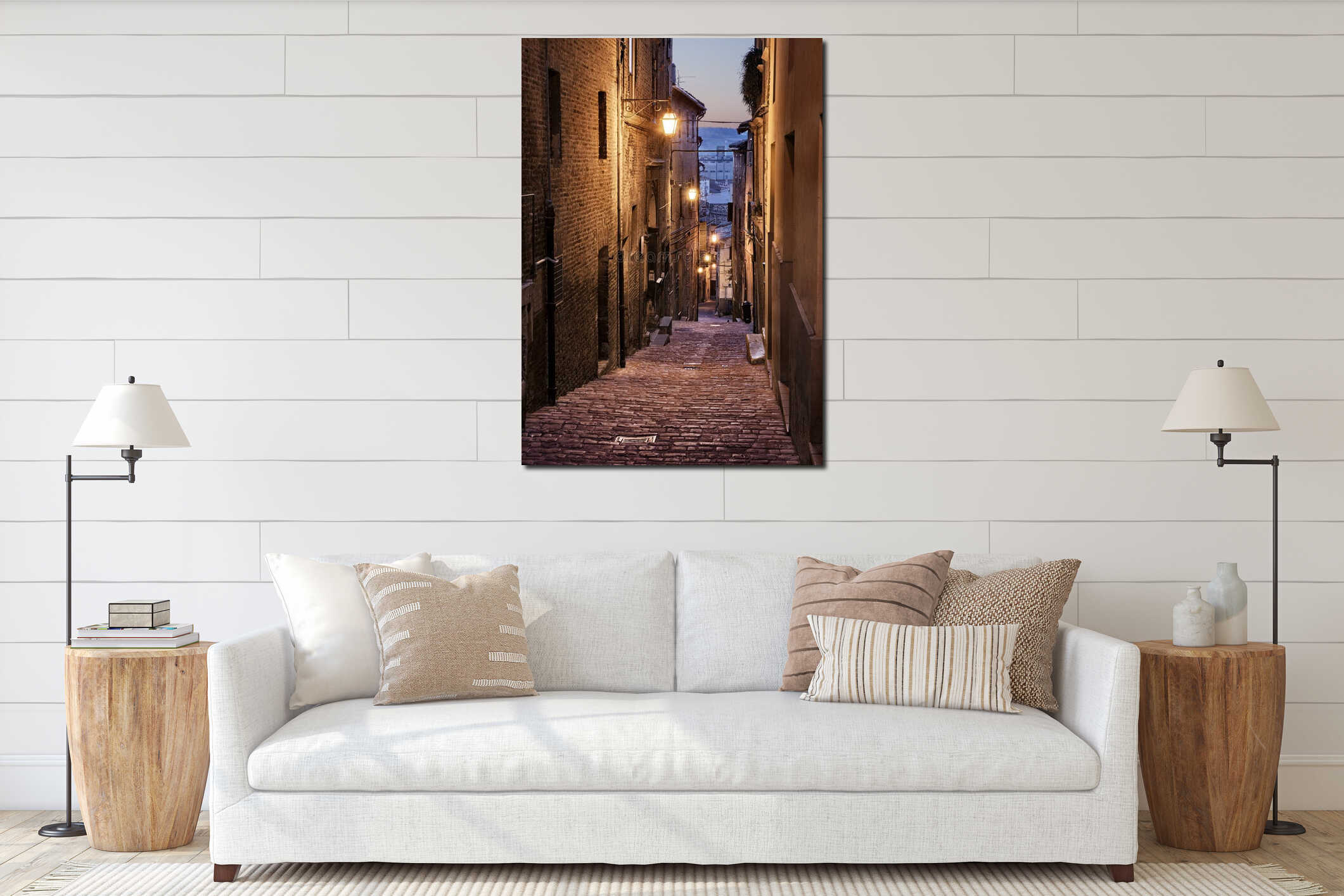 Jesi, Ancona, Marche, Italy: narrow alley at night in the old town interior mockup