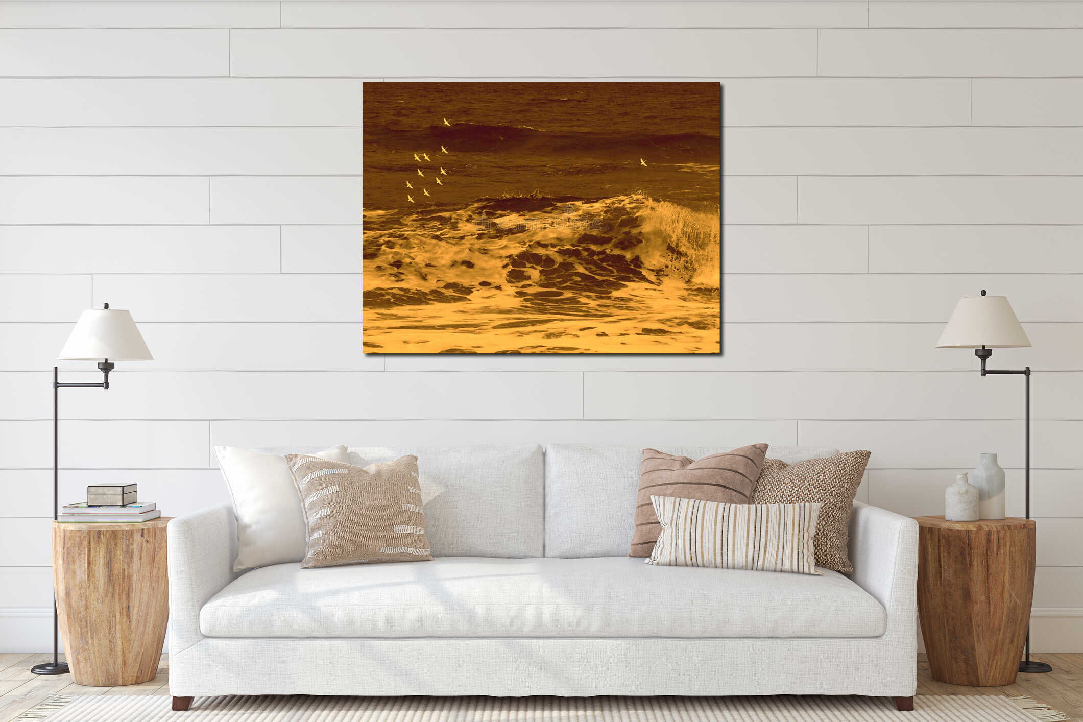 Silhouettes of seabirds flock flying above rough ocean sea water background. Sepia colour. interior mockup