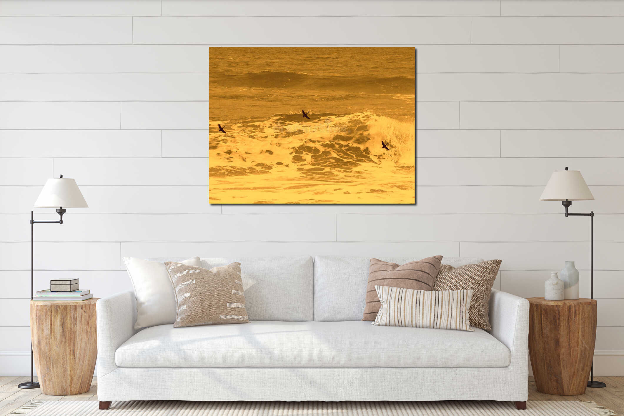 Silhouettes of seabirds flying above rough ocean sea water background. Sepia colour. interior mockup