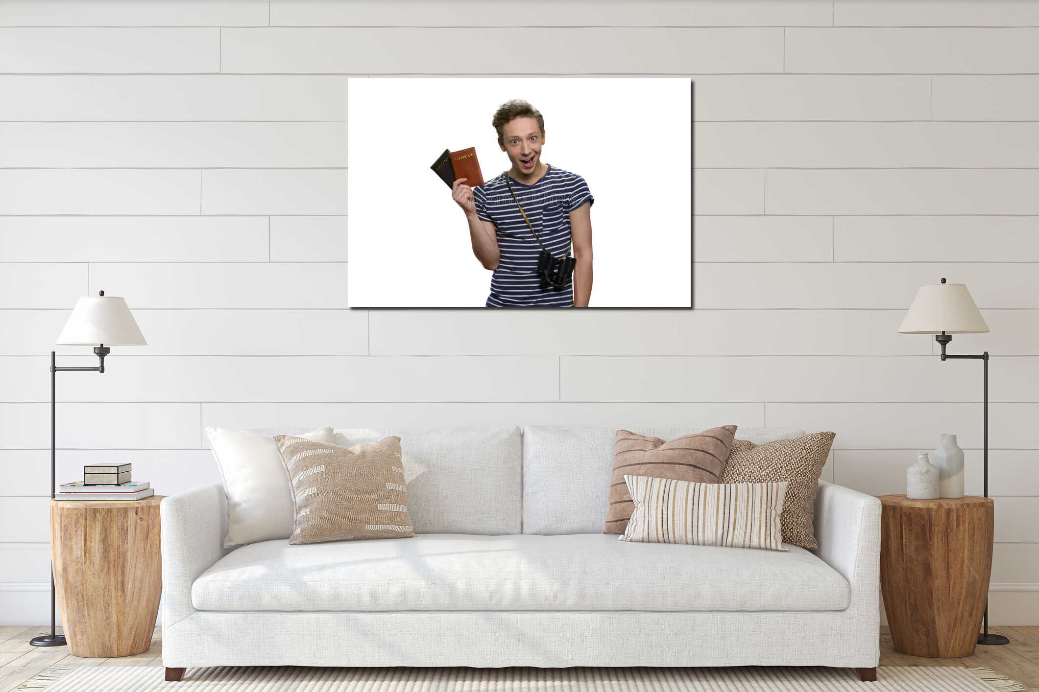 Portrait of happy teenage boy tourist with binoculars and passports. interior mockup