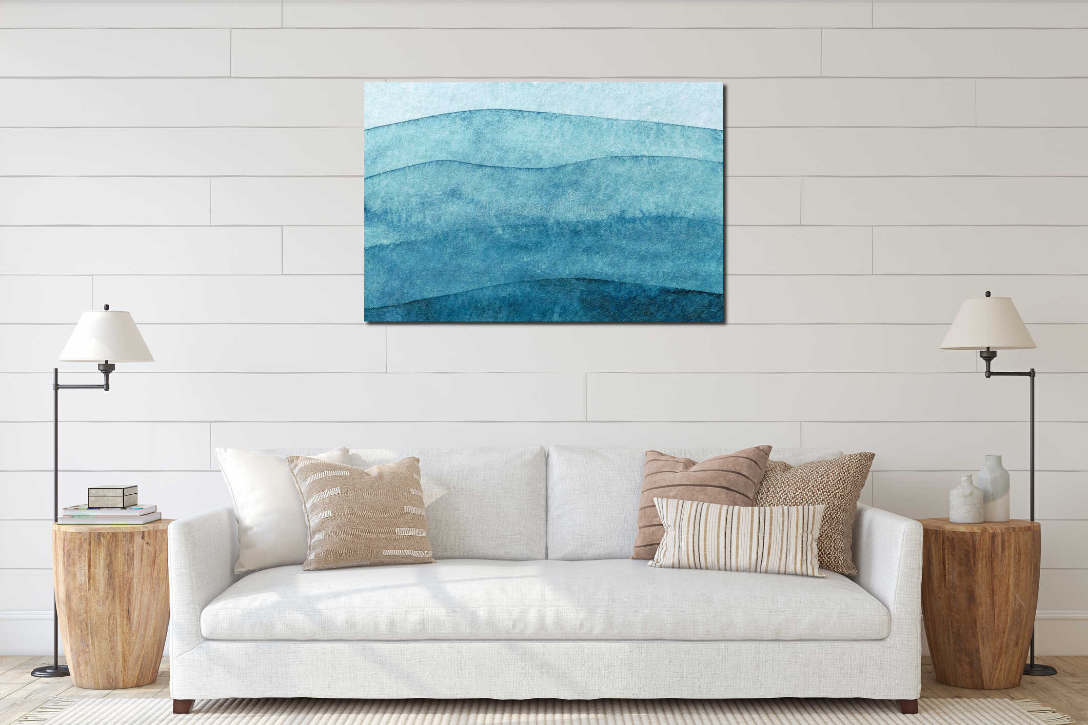 Abstract art background navy blue colors. Watercolor painting on canvas with turquoise pattern of sea waves interior mockup