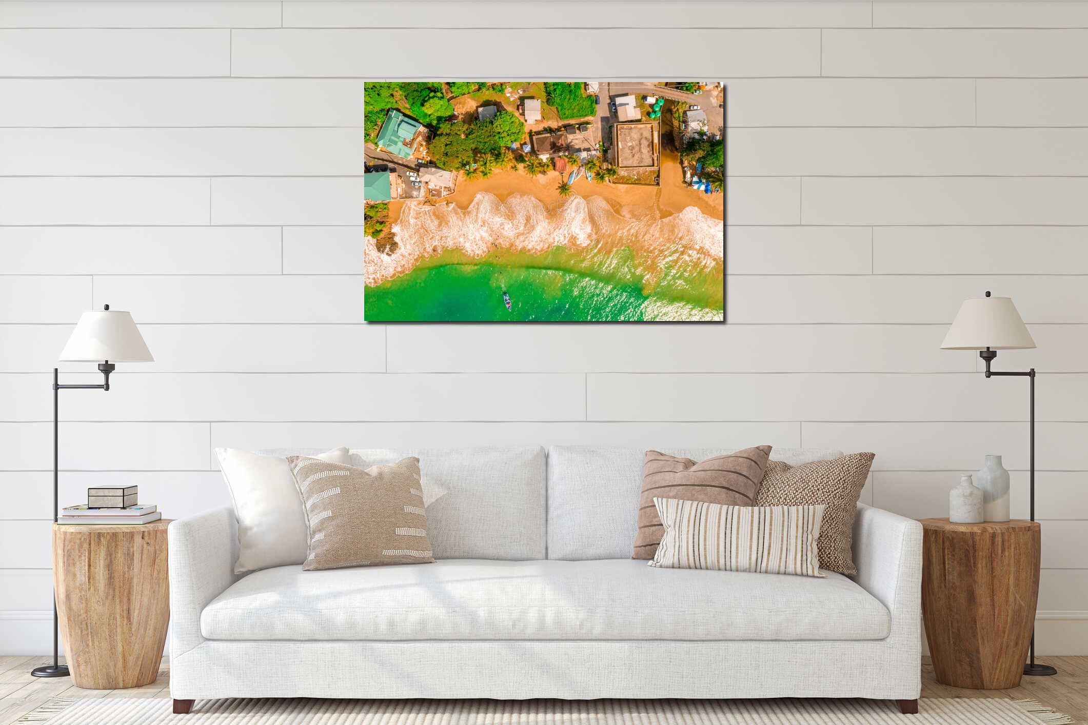 Aerial shot of a colorful tropical beach interior mockup