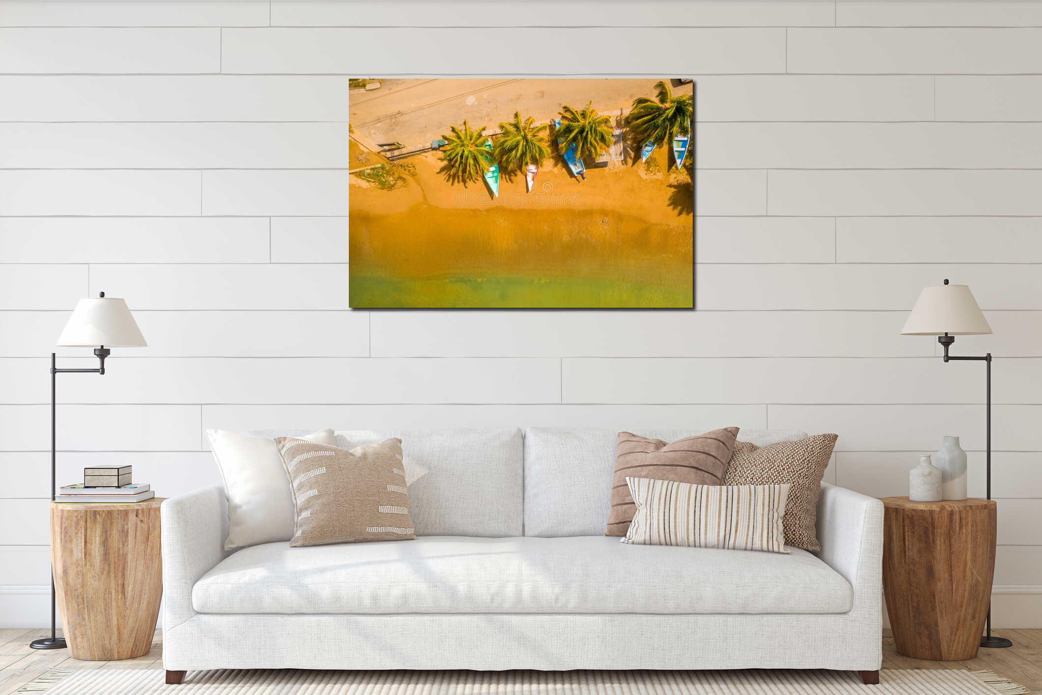 Aerial shot of a colorful tropical beach interior mockup