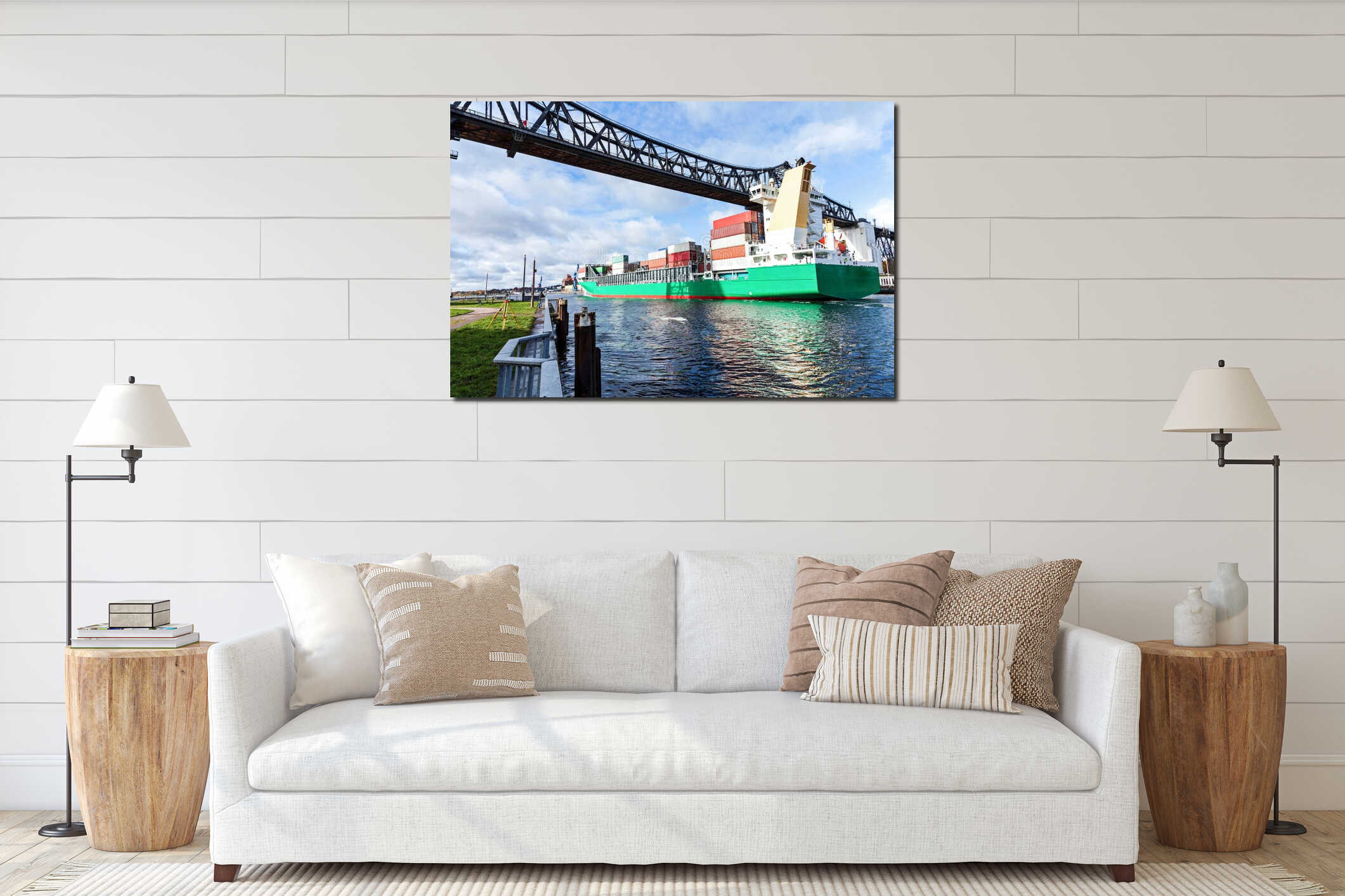 Nord-Ostsee-Kanal in Rendsburg with container ship under the historical bridge, Germany interior mockup