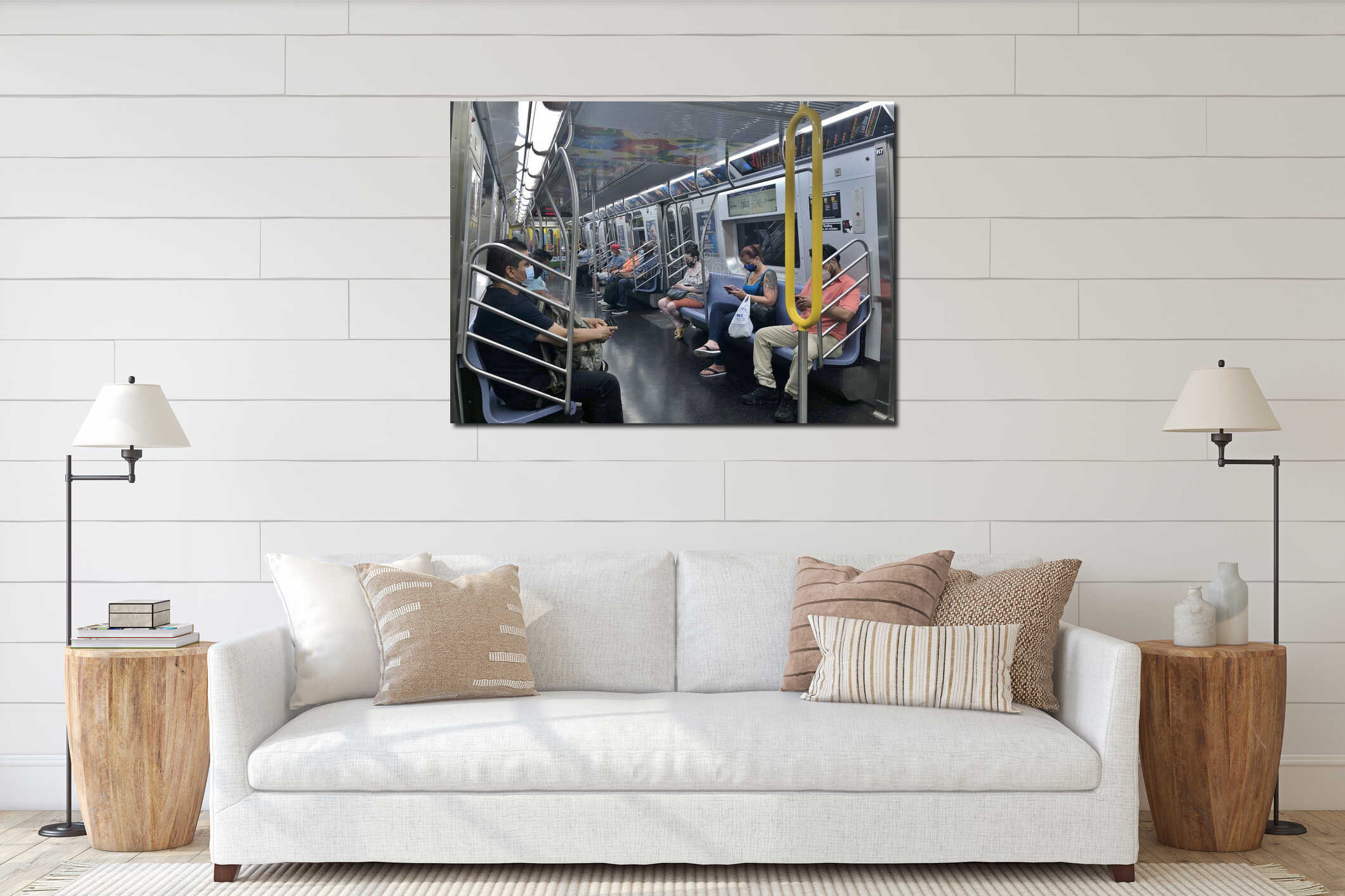 New York City Passengers Inside Subway Car Public Transportation Wearing Face Mask NYC interior mockup