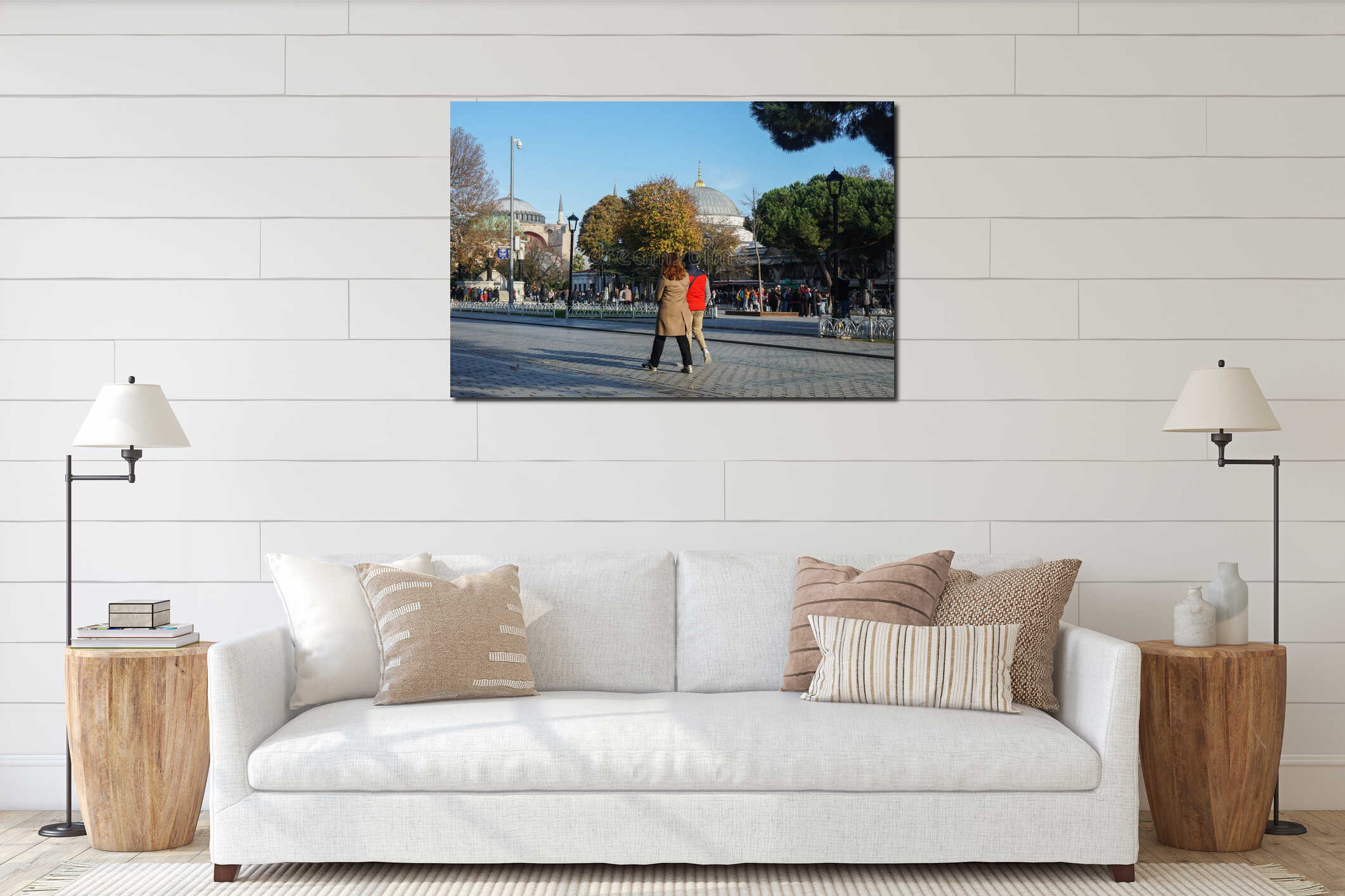 Istanbul / Turkey - December 10 2019: young couple walk at Sultanahmet Square in winter sunny day interior mockup