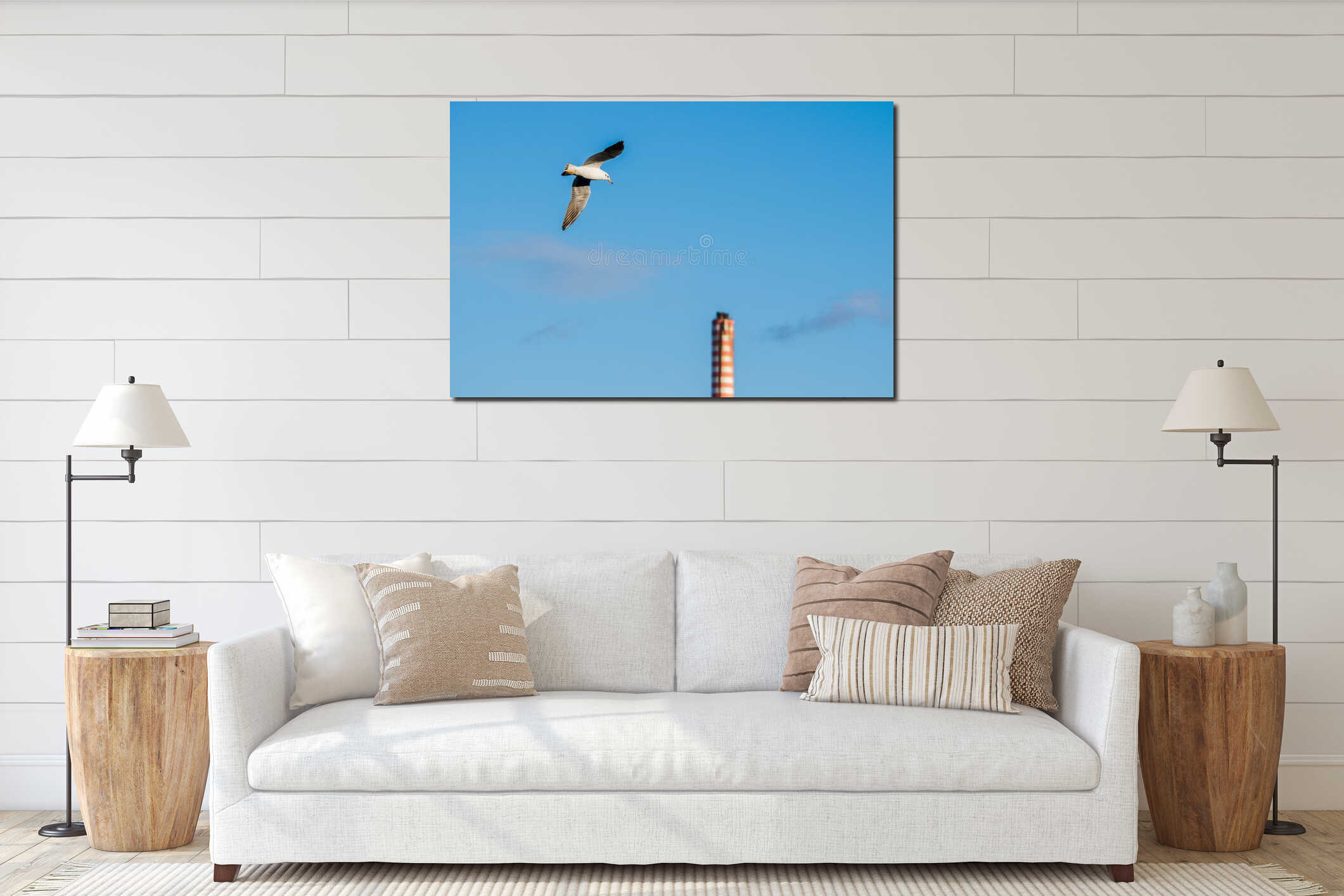 A seagull flying over the seaside fishing village of Marsaxlokk, Malta. interior mockup