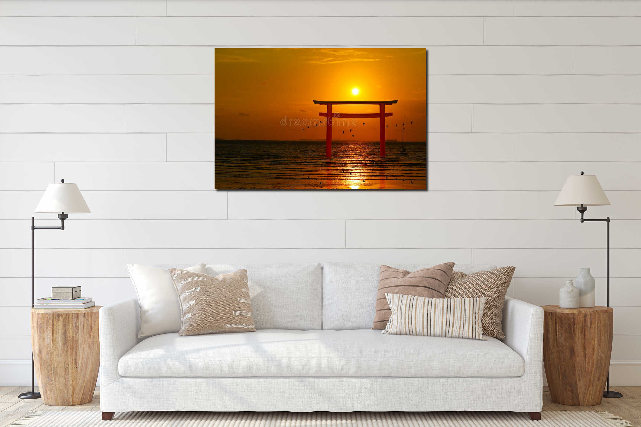 Reflection torii sunset orange cloud on sky and silhouette birds flying on sea interior mockup
