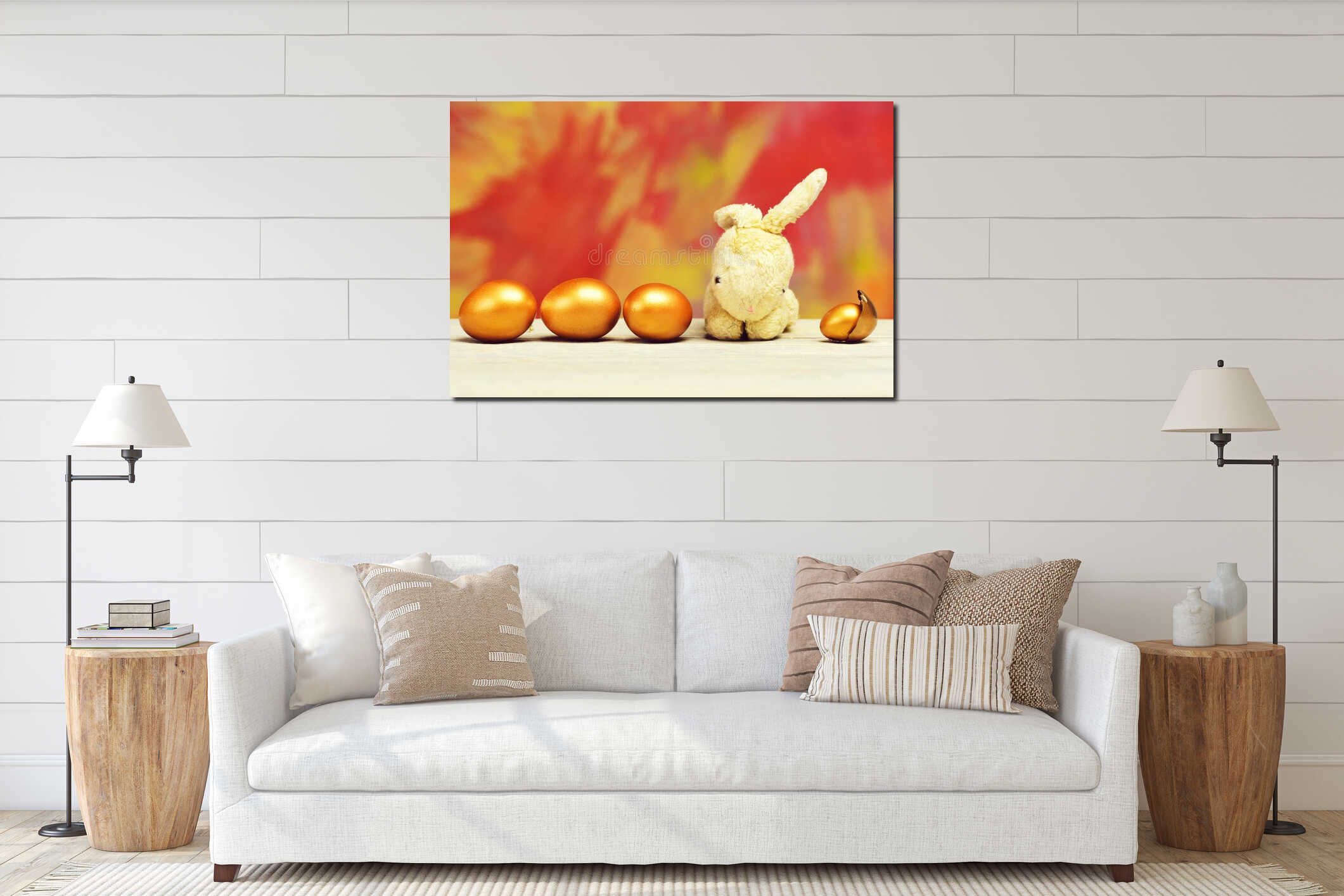 Rabbit toy and easter golden eggs on colorful background interior mockup