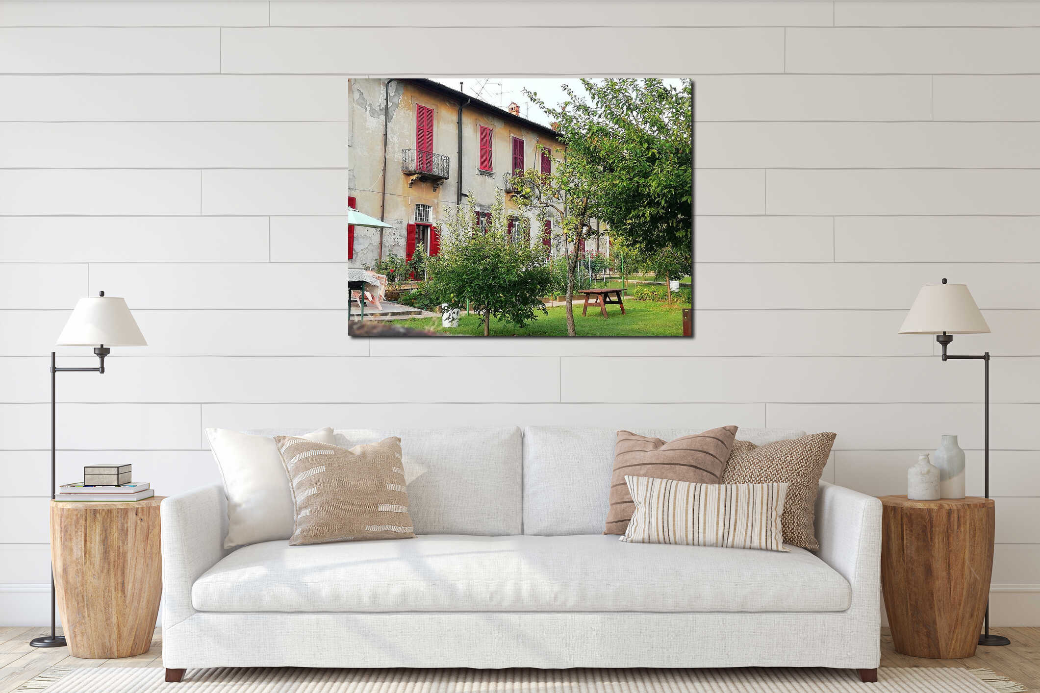 Old villa and garden Como Italy interior mockup