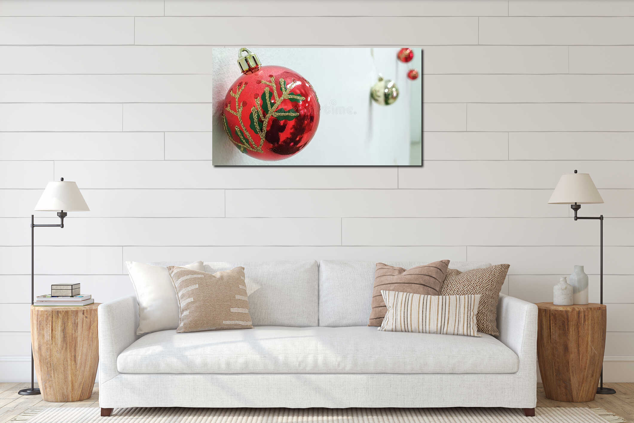 Red christmas bal, white background interior mockup