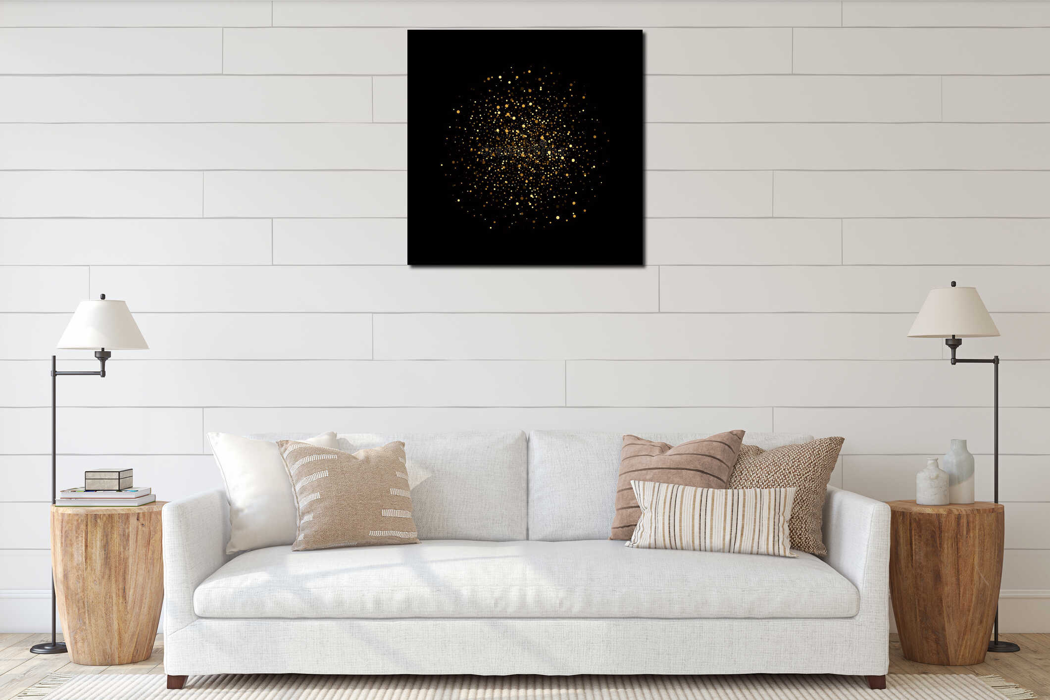 Gold glitter circle abstract background, golden sparkles on black background, vip design template interior mockup