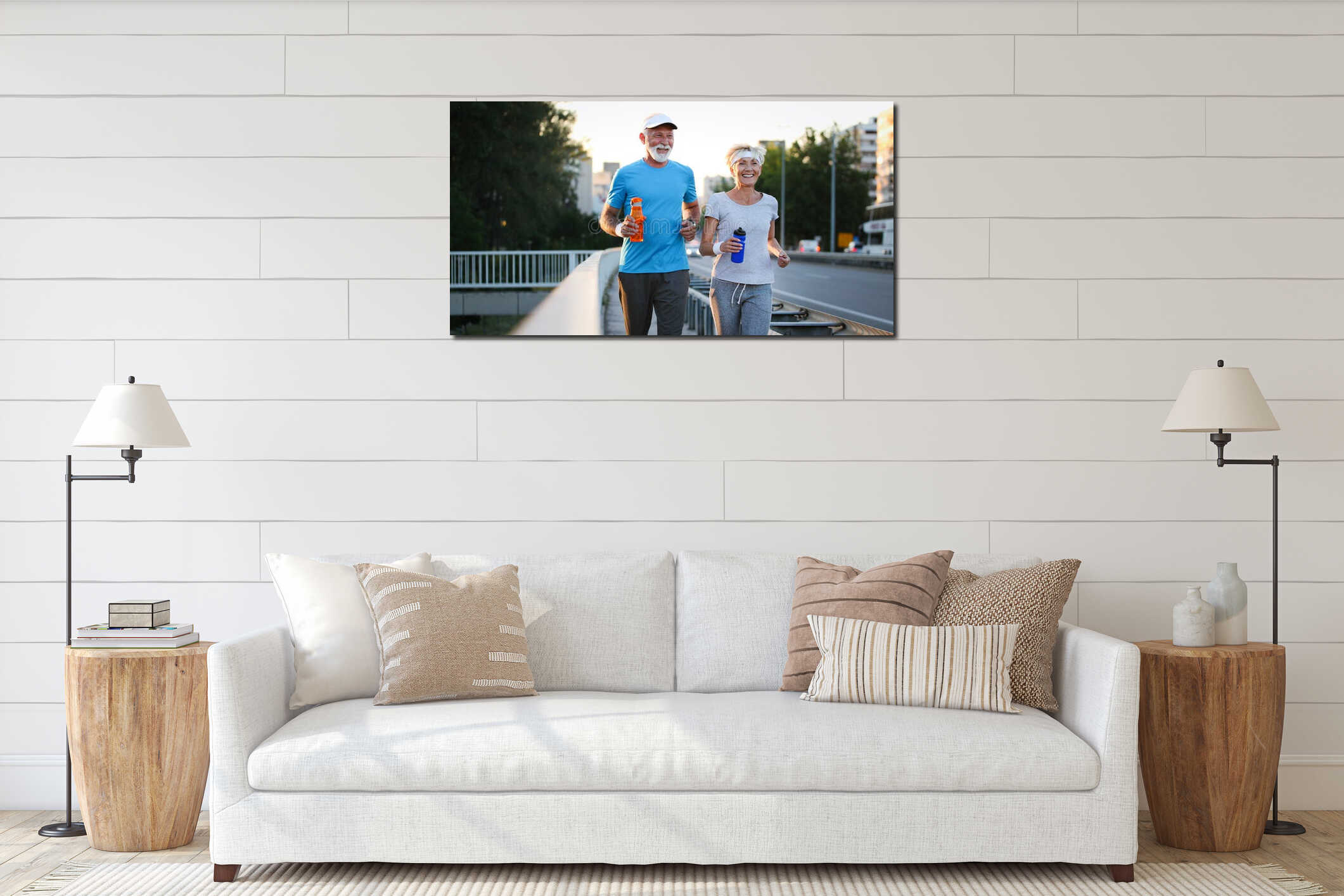 Happy mature people couple exercising for healthy life interior mockup